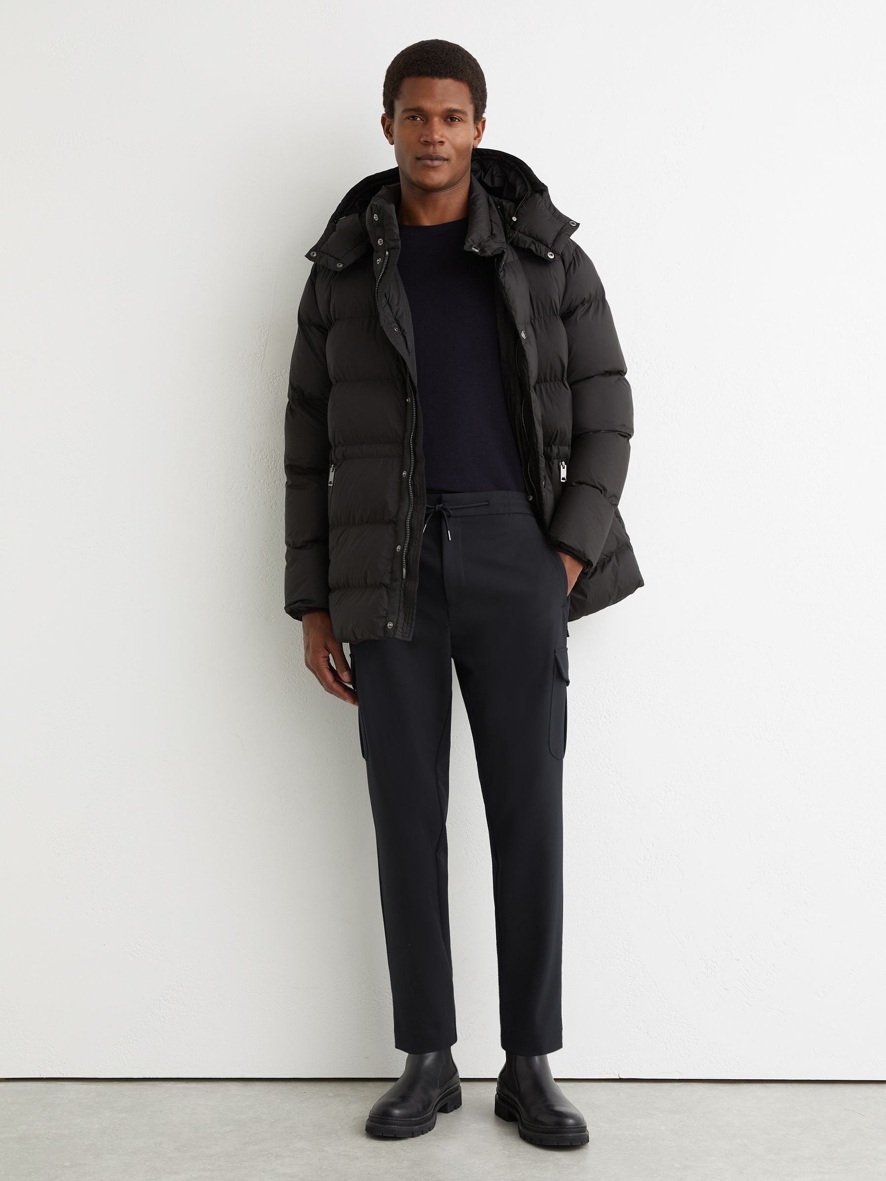 Technical Drawstring Tapered Trousers in Navy - Image 1 of 6