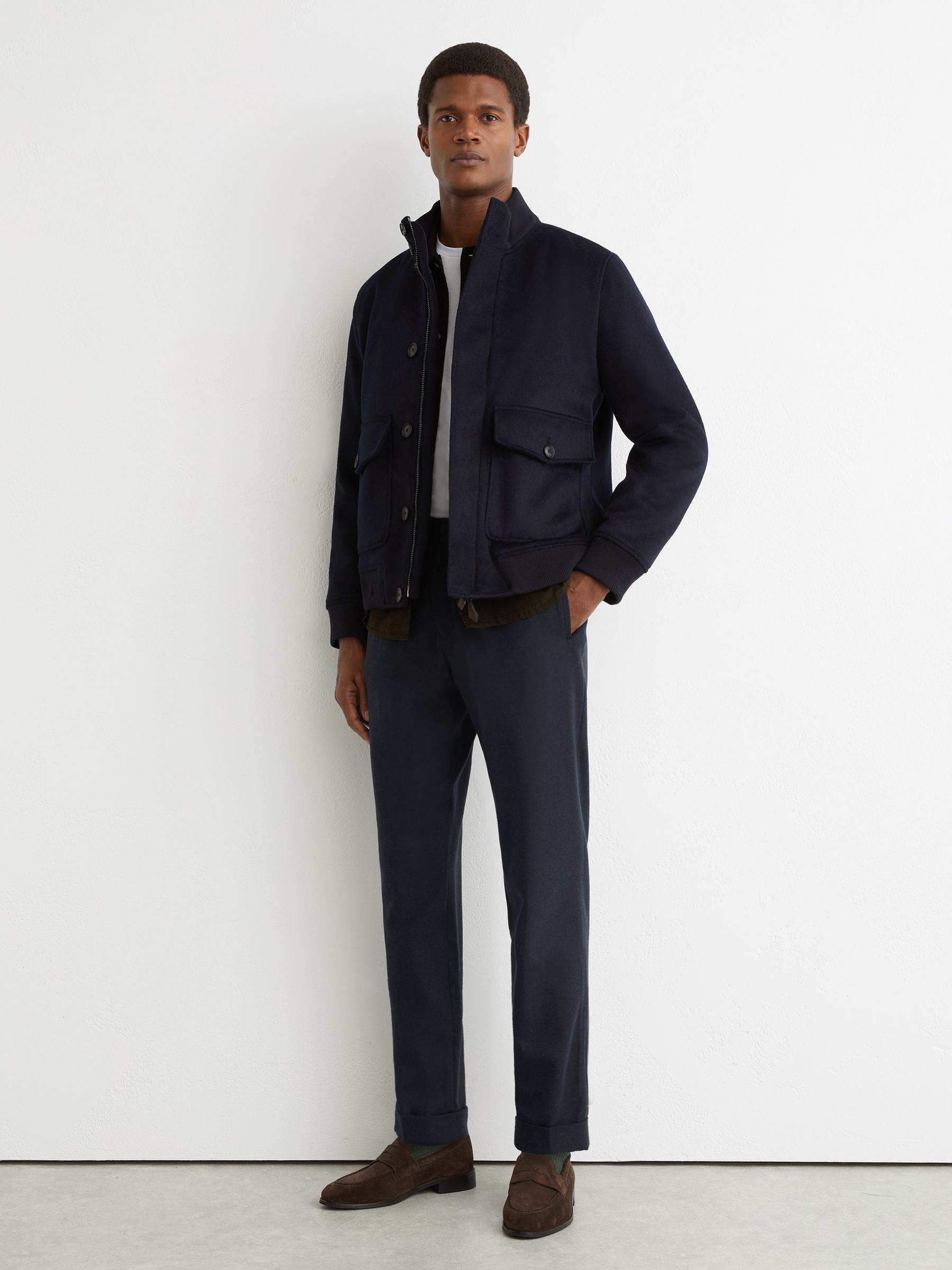 Wool-Blend Tapered Cuffed Trousers in Navy - image 2