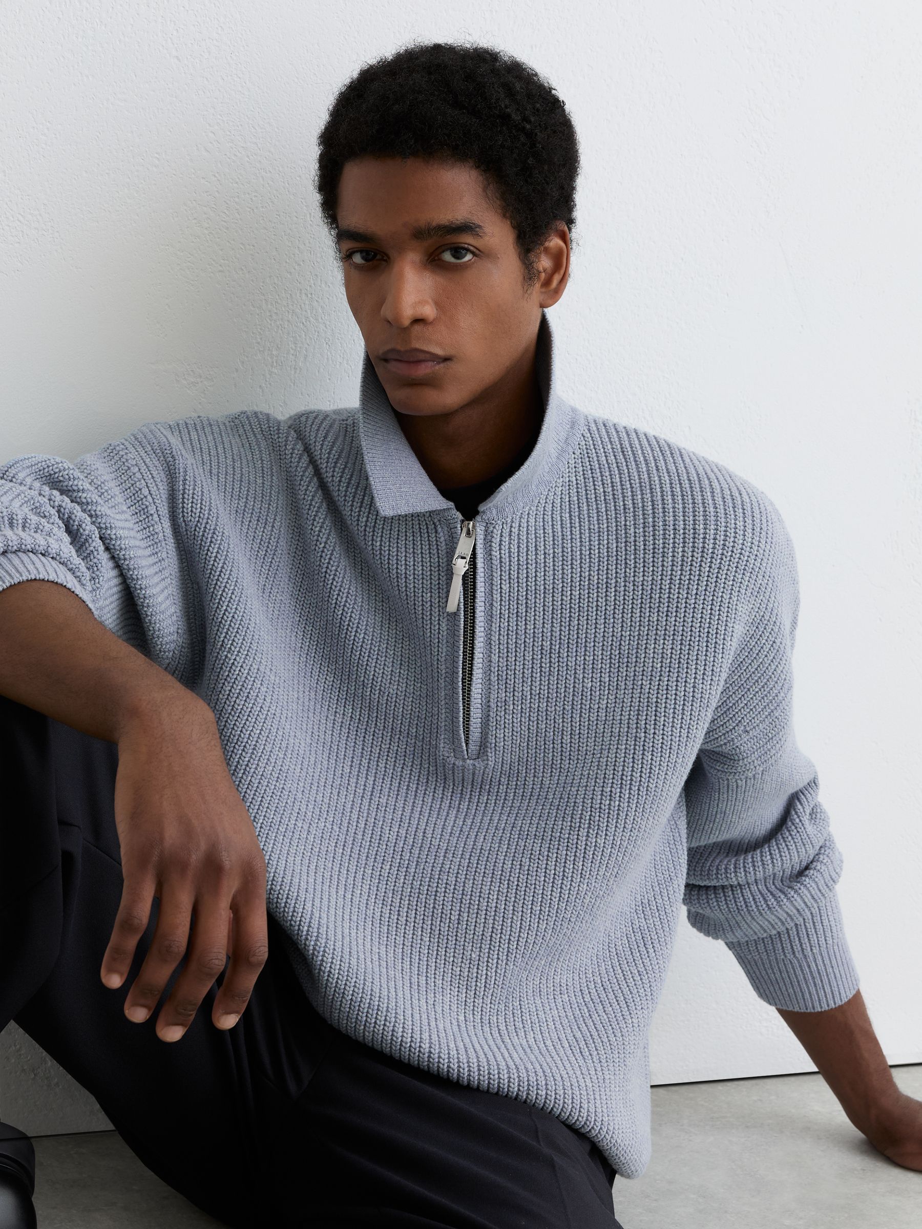 Cotton-Blend Rib Half-Zip Polo Jumper in Soft Blue Melange - image 2