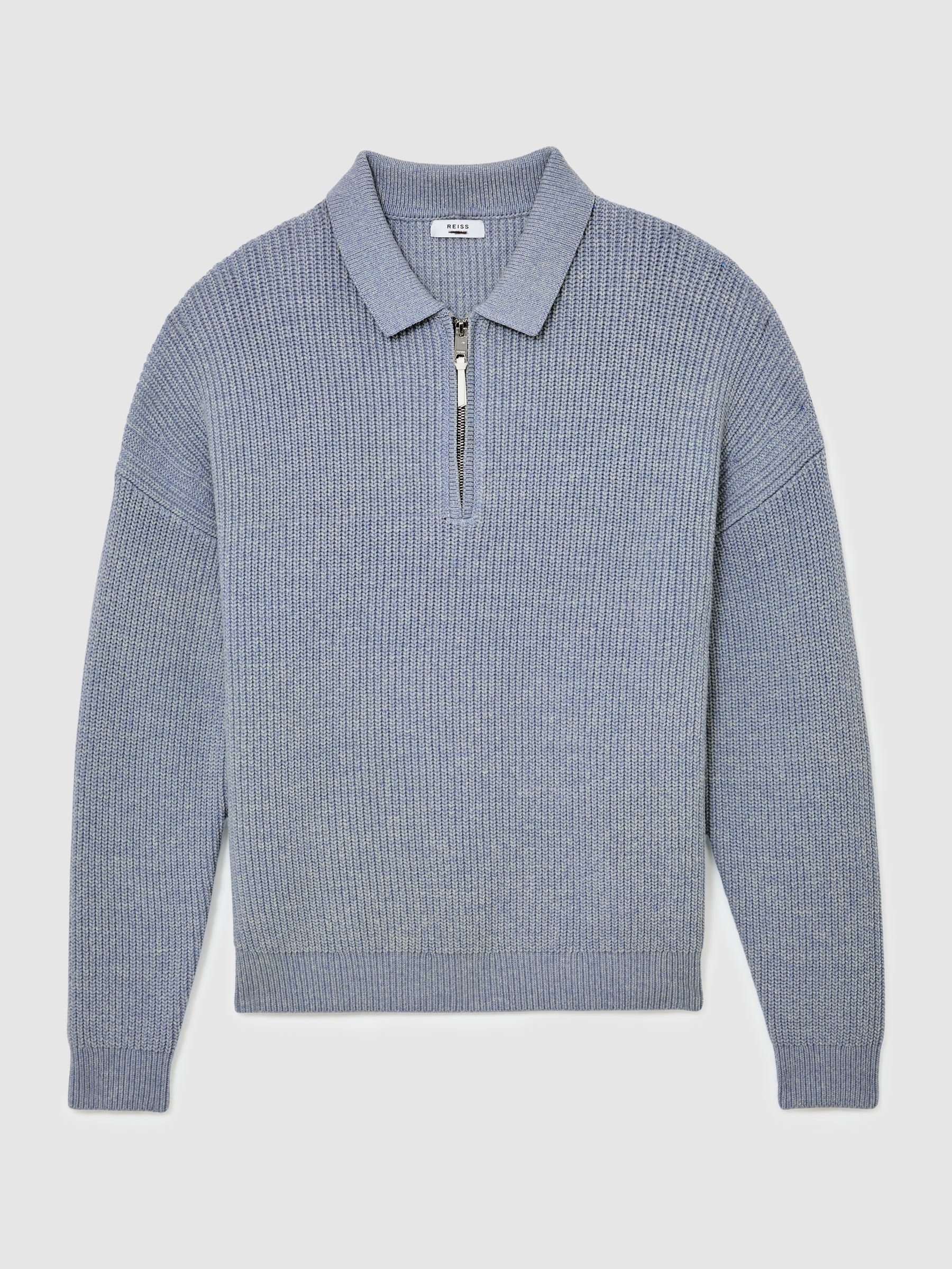 Cotton-Blend Rib Half-Zip Polo Jumper in Soft Blue Melange - Image 2 of 7