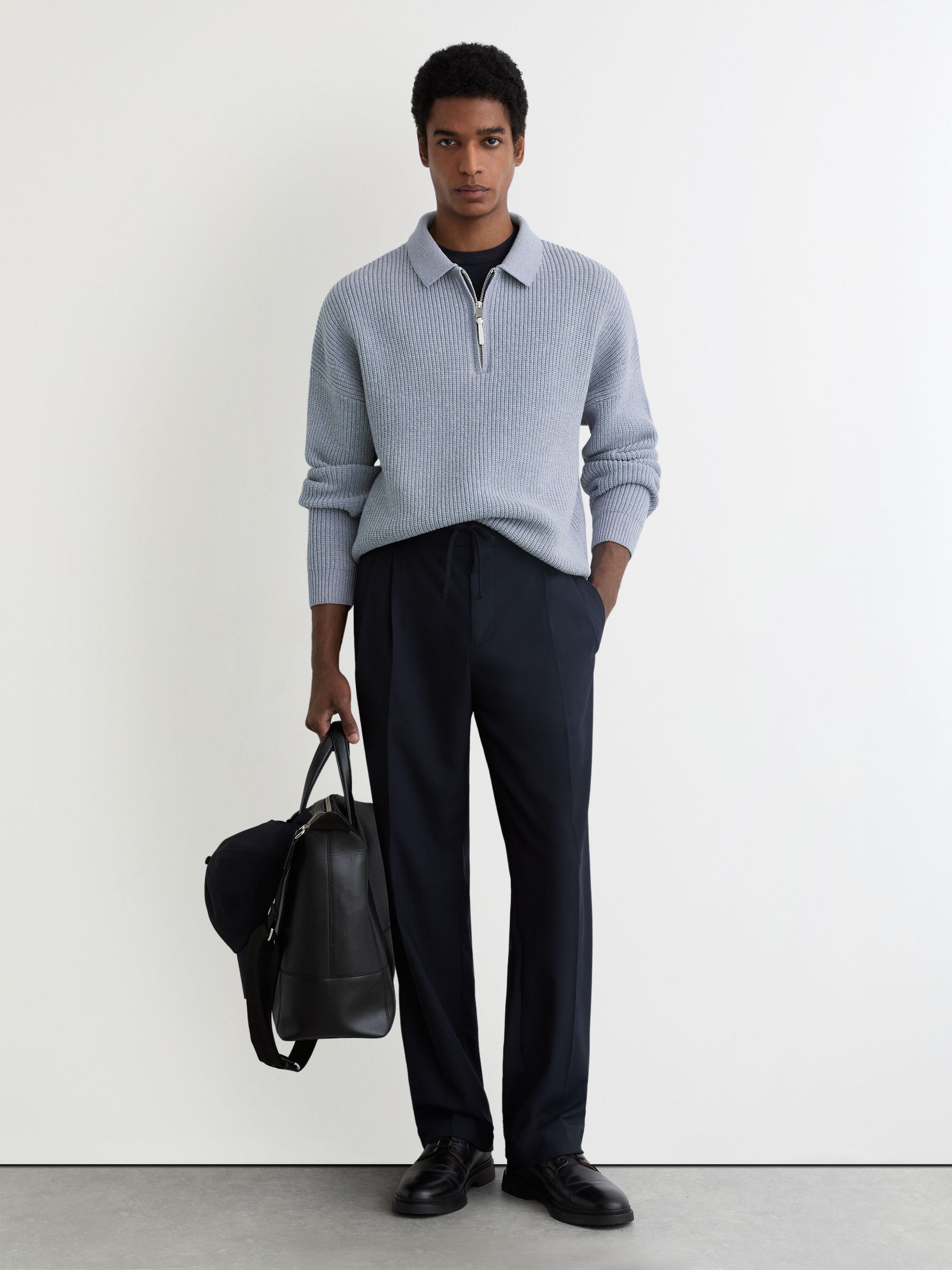 Reiss Cotton-Blend Rib Half-Zip Polo Jumper in Soft Blue Melange