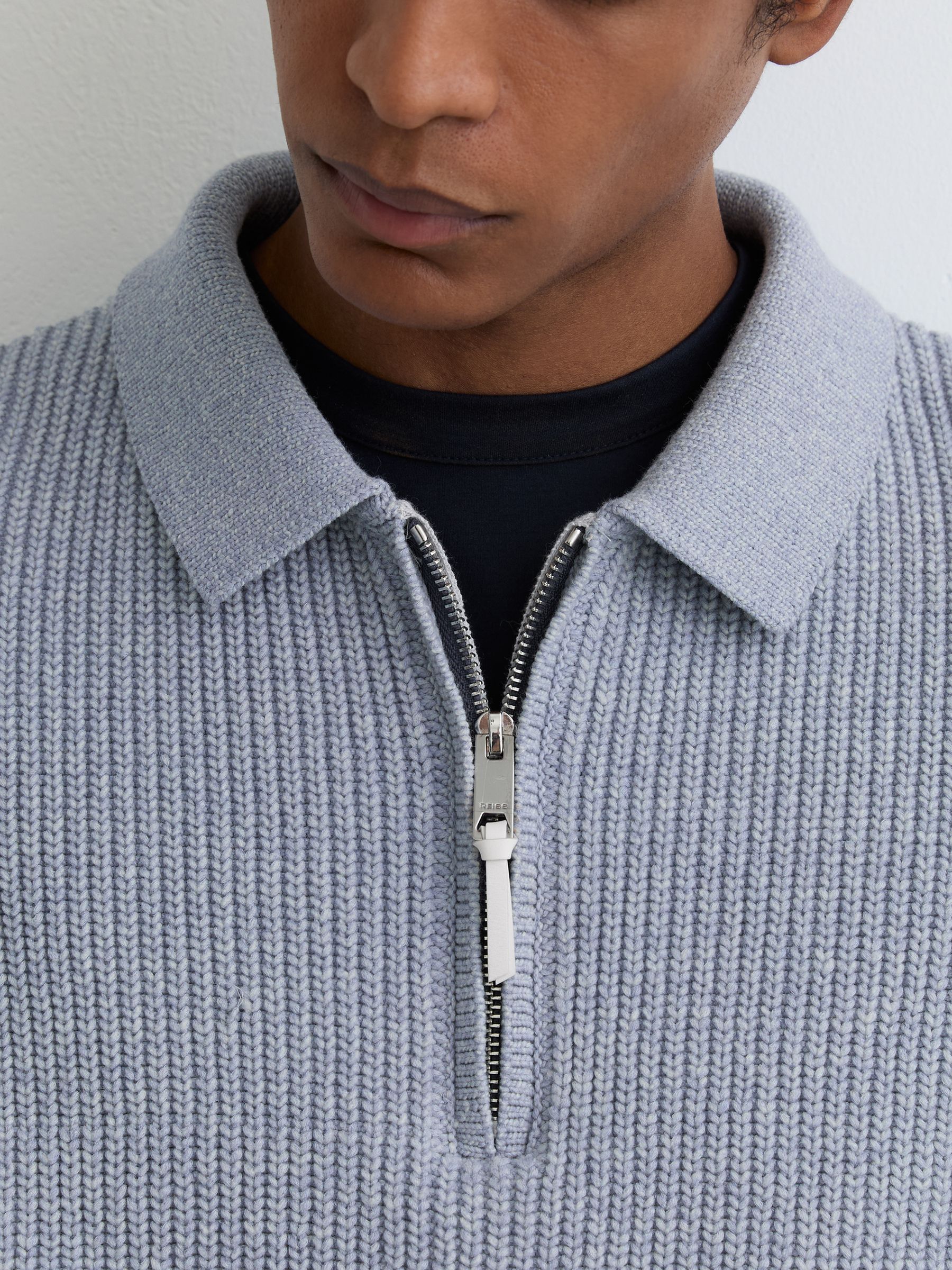 Cotton-Blend Rib Half-Zip Polo Jumper in Soft Blue Melange - image 5