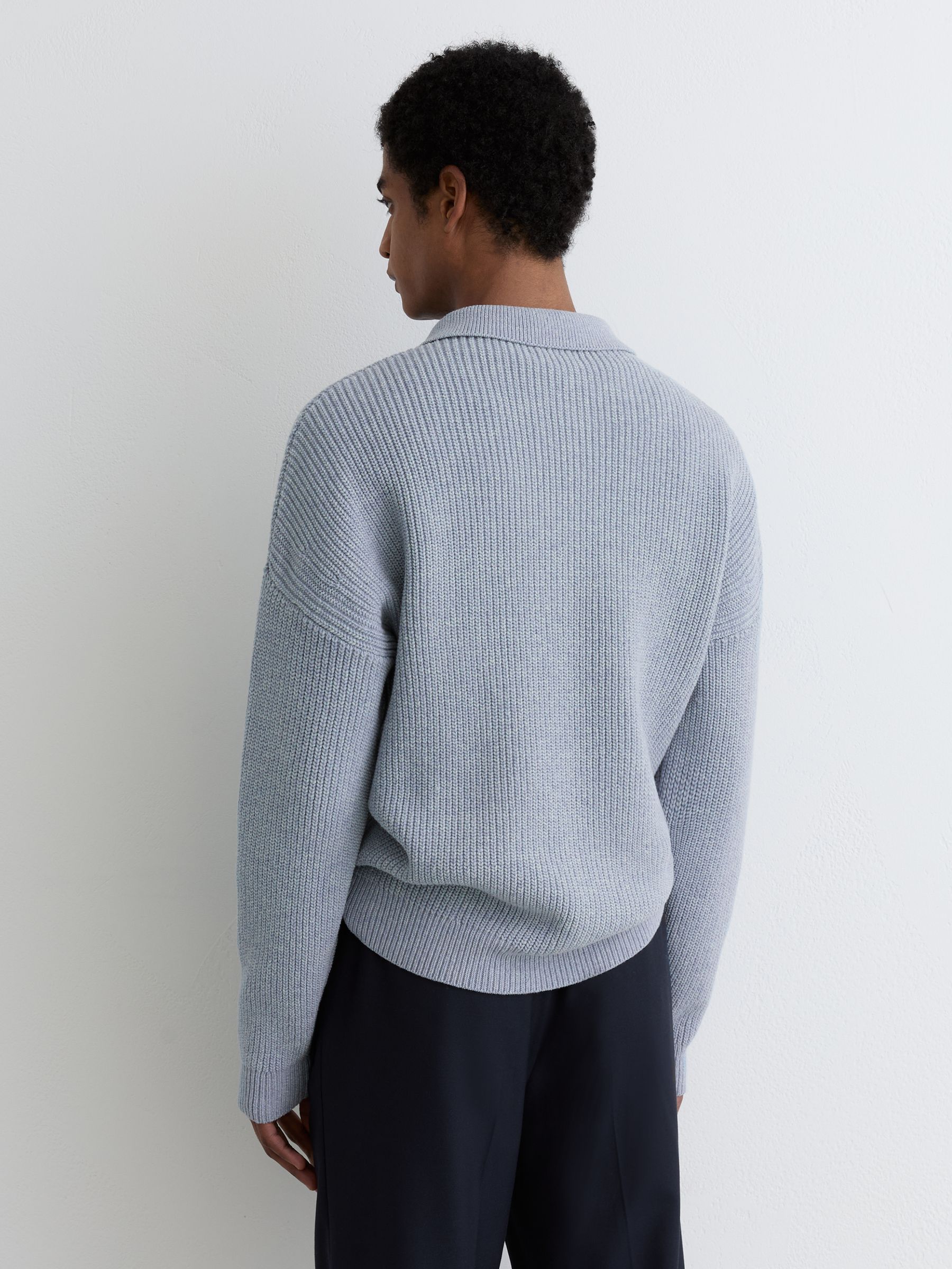 Cotton-Blend Rib Half-Zip Polo Jumper in Soft Blue Melange - image 4