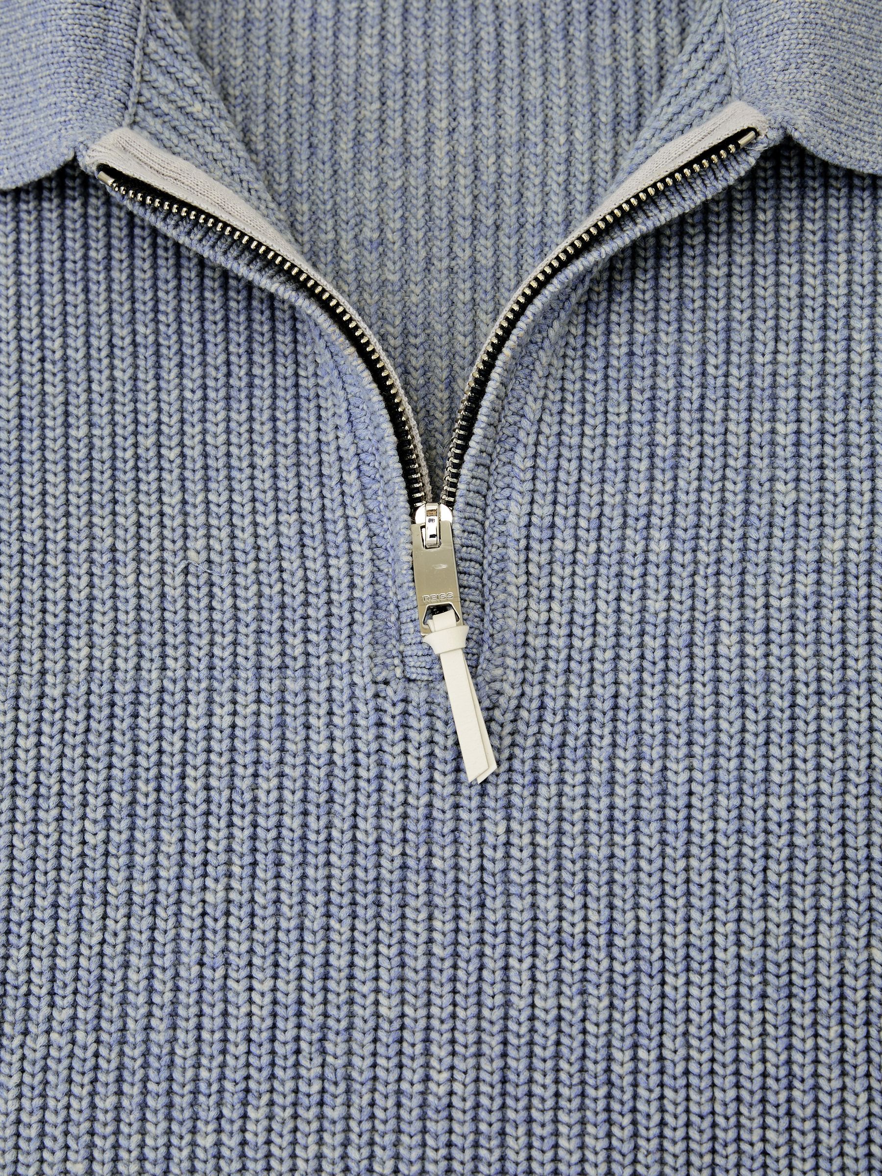 Cotton-Blend Rib Half-Zip Polo Jumper in Soft Blue Melange - image 3
