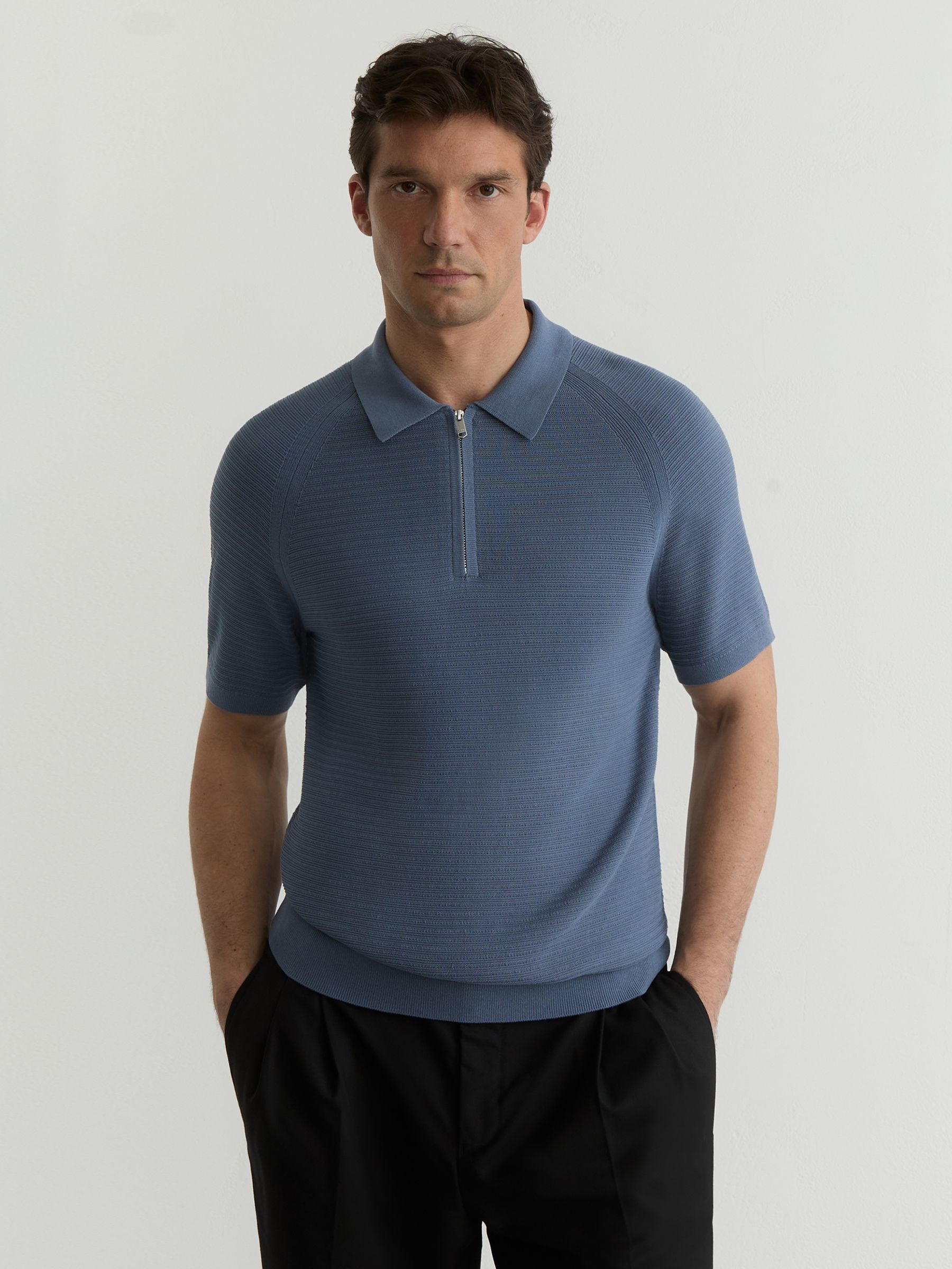 Textured-Knit Half-Zip Polo Shirt in Airforce Blue - Image 1 of 6
