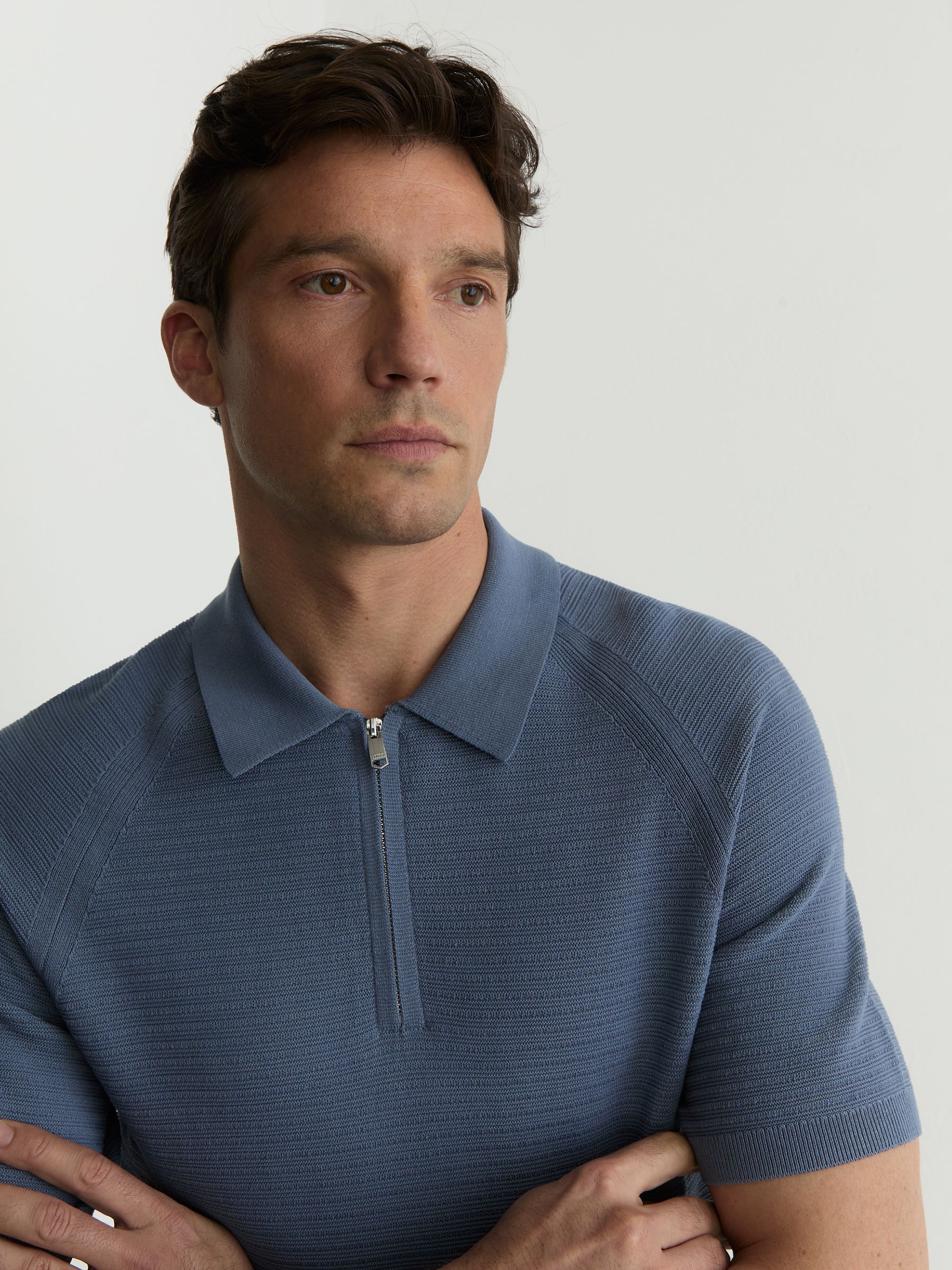 Textured-Knit Half-Zip Polo Shirt in Airforce Blue - Image 4 of 6