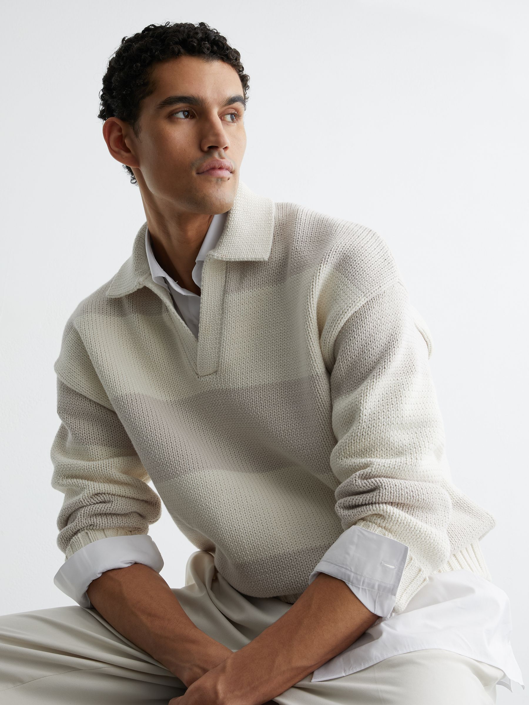 Cotton-Blend Open-Collar Rugby Jumper in Off White/Oatmeal Melange - Image 1 of 7