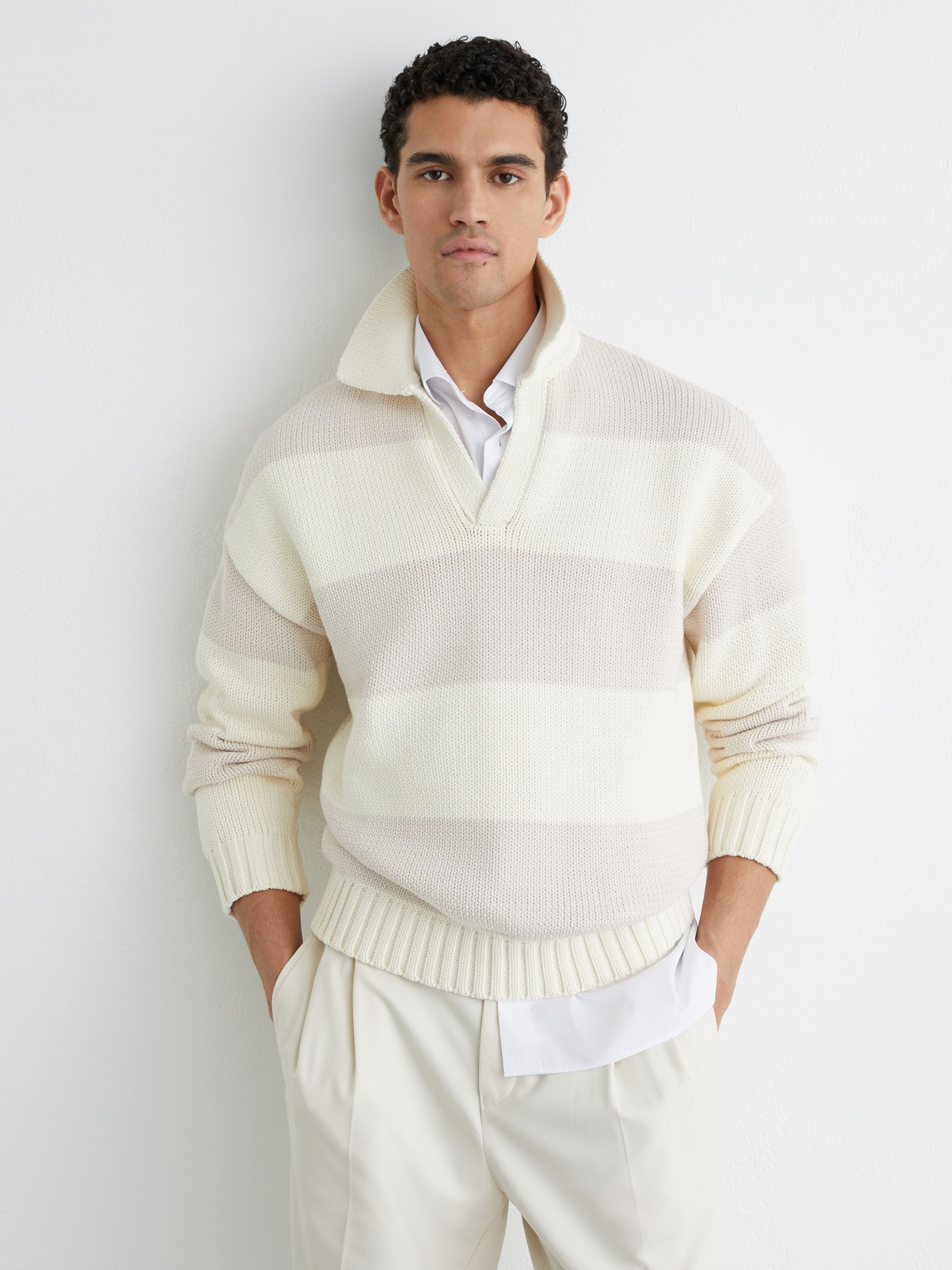 Cotton-Blend Open-Collar Rugby Jumper in Off White/Oatmeal Melange - Image 3 of 7