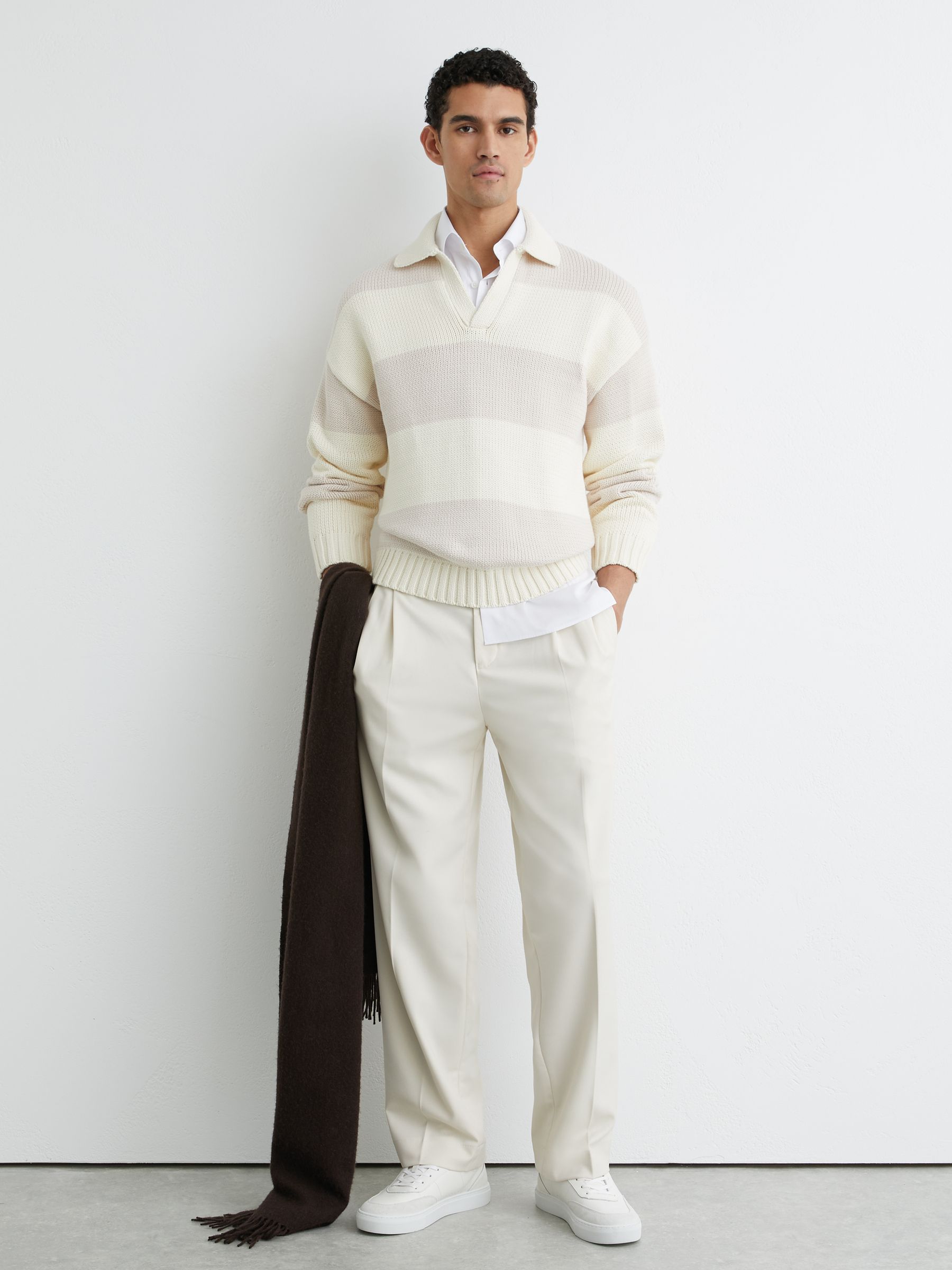 Cotton-Blend Open-Collar Rugby Jumper in Off White/Oatmeal Melange - Image 5 of 7