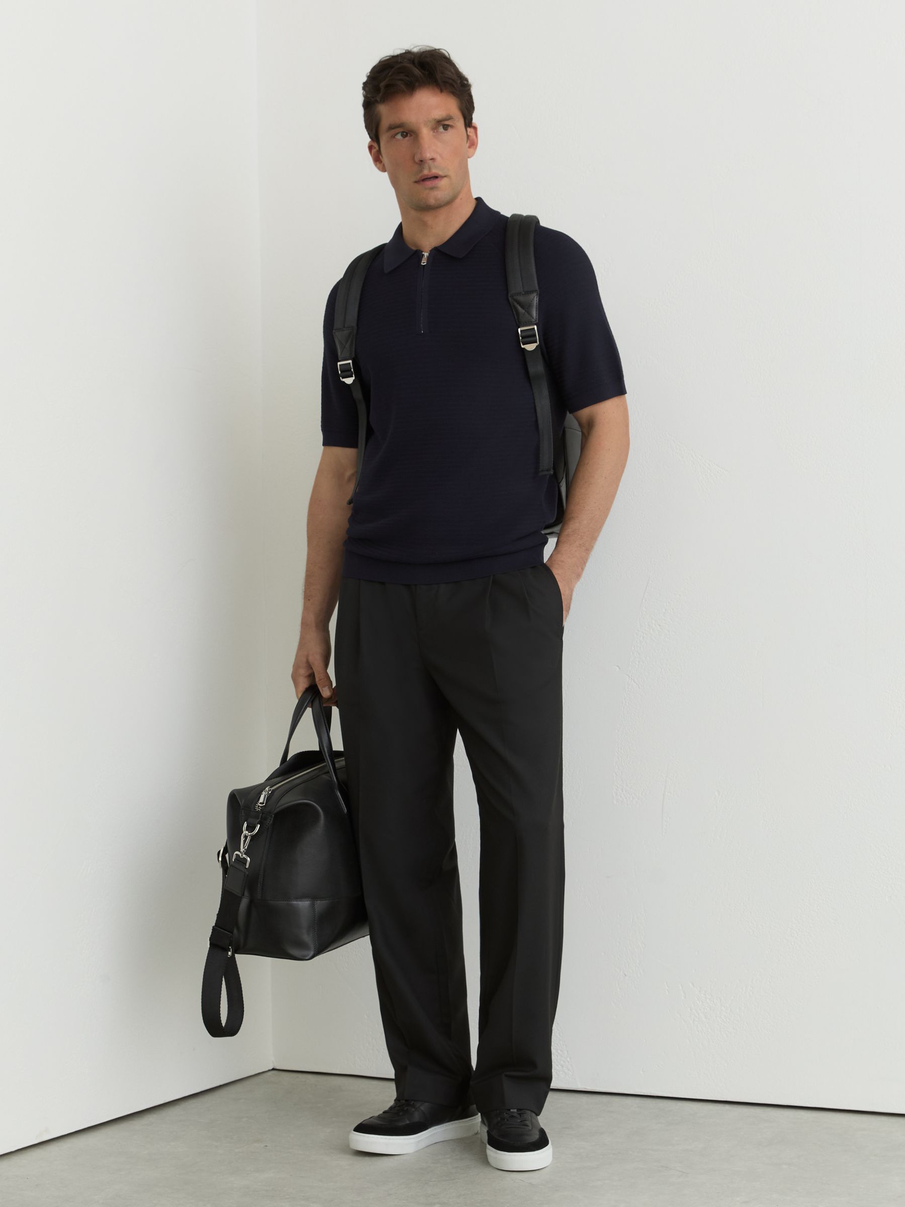 Textured-Knit Half-Zip Polo Shirt in Navy - Image 3 of 7