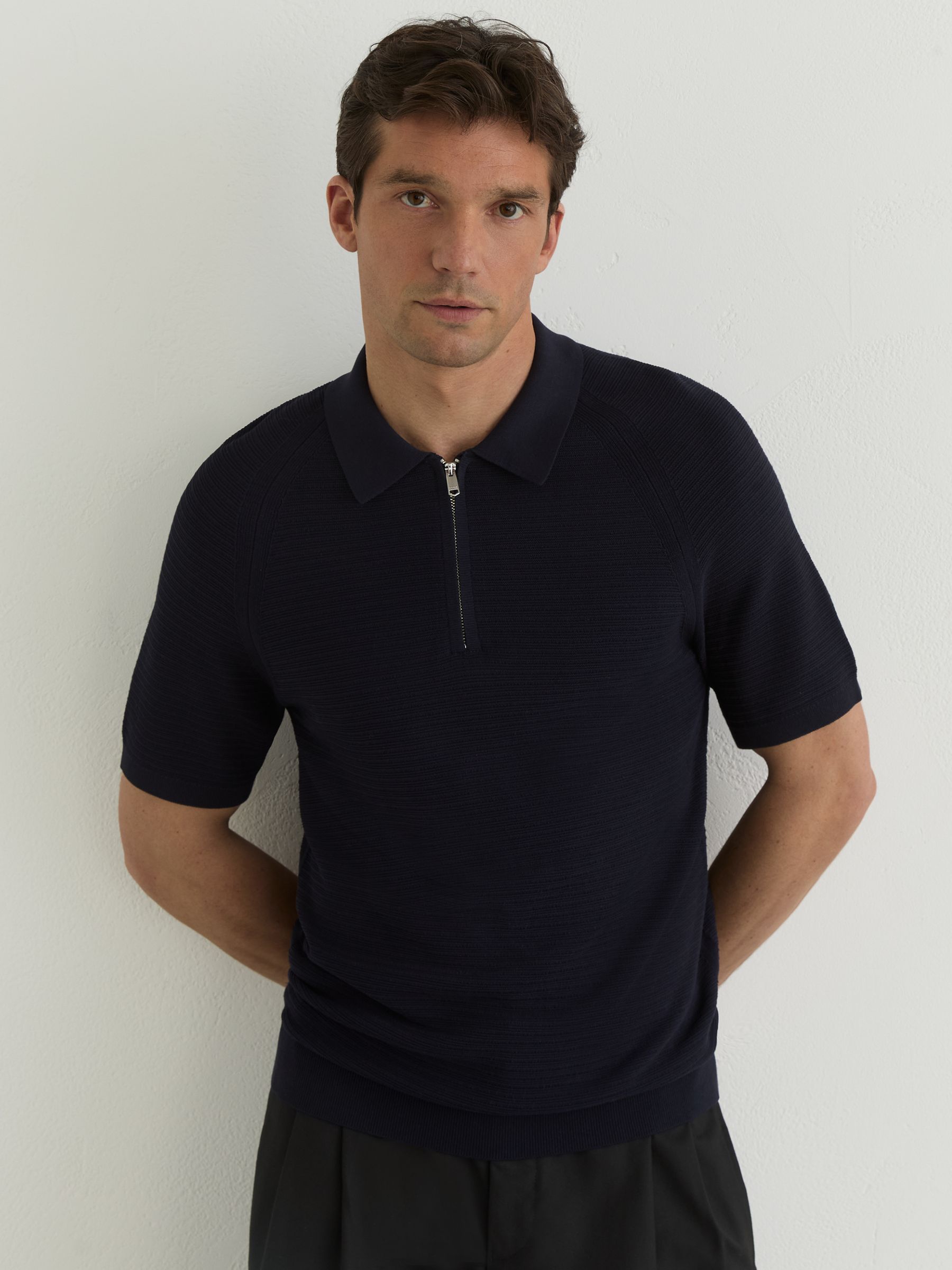 Textured-Knit Half-Zip Polo Shirt in Navy - Image 6 of 7
