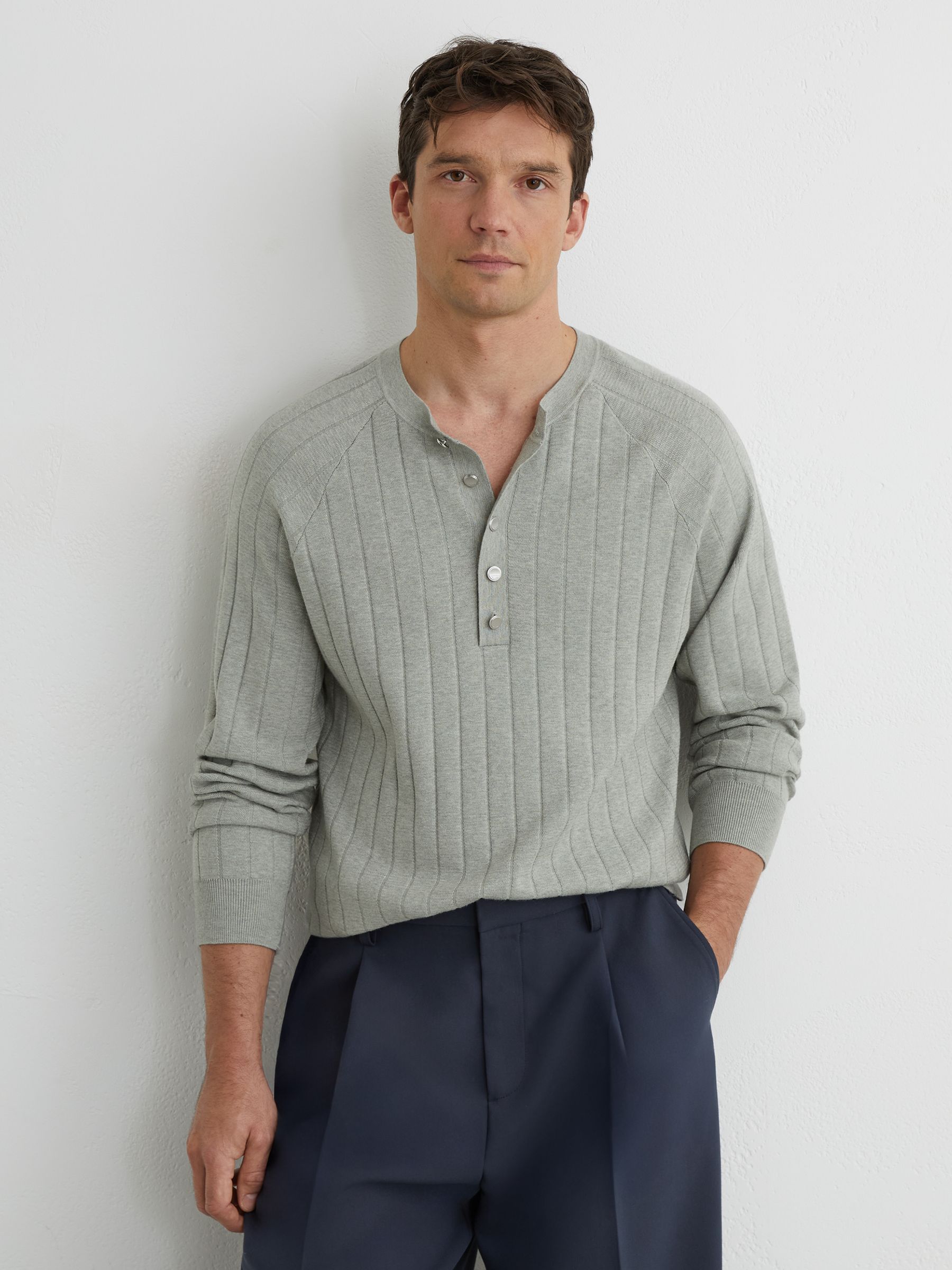 Wide-Rib Knit Henley Jumper in Sage Green - Image 1 of 7