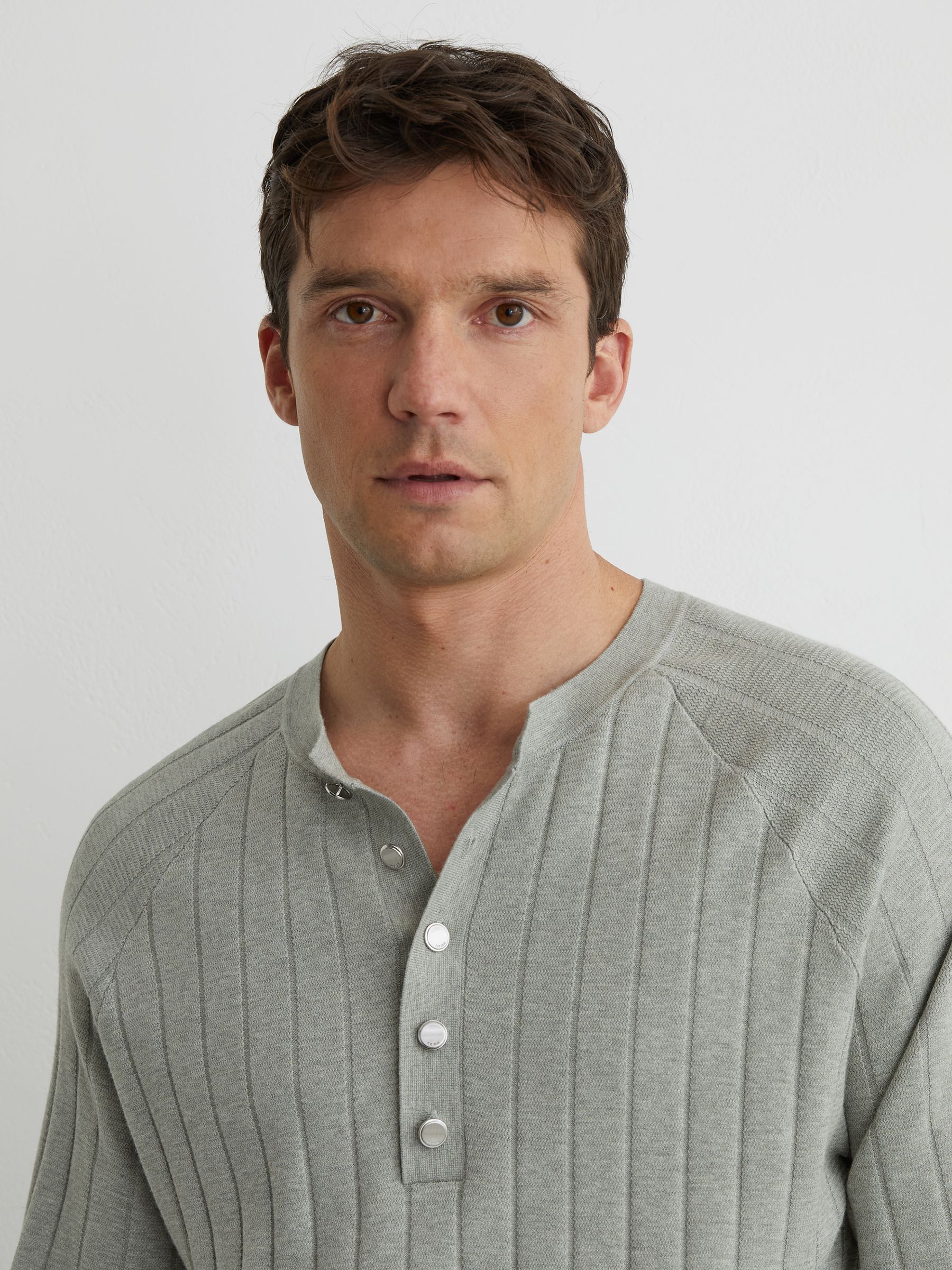 Wide-Rib Knit Henley Jumper in Sage Green - Image 4 of 7
