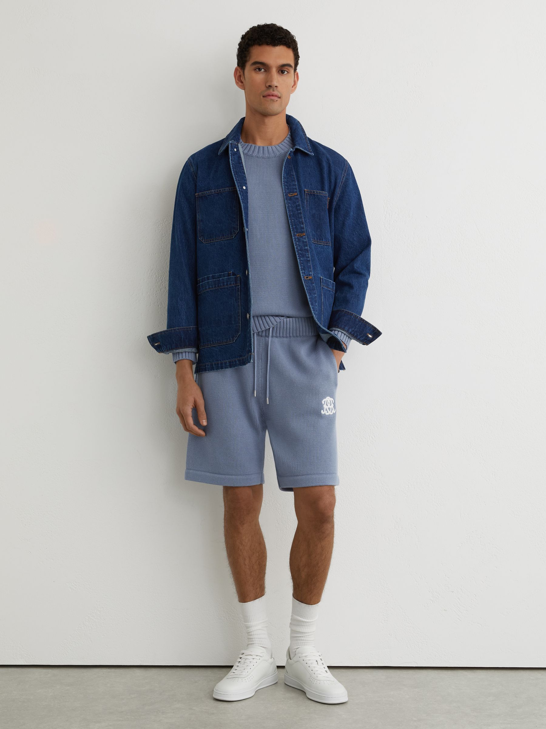 Monogram-Embroidered Relaxed Knit Shorts in Powder Blue - image 2