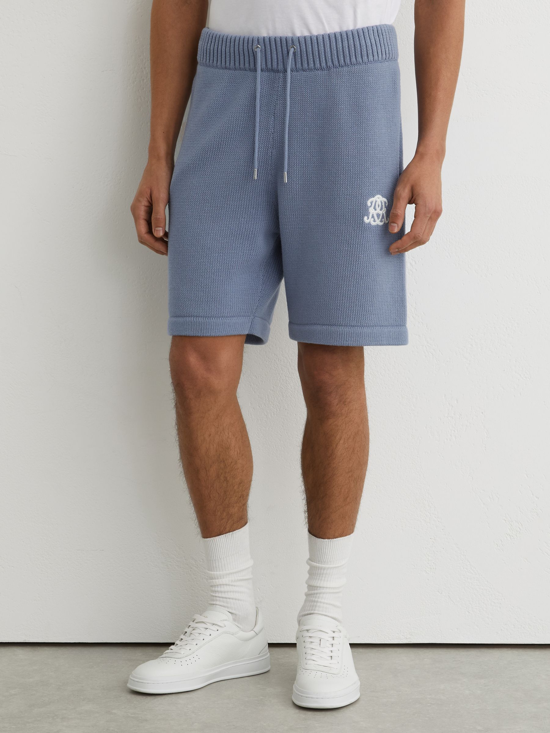 Monogram-Embroidered Relaxed Knit Shorts in Powder Blue - Image 3 of 7