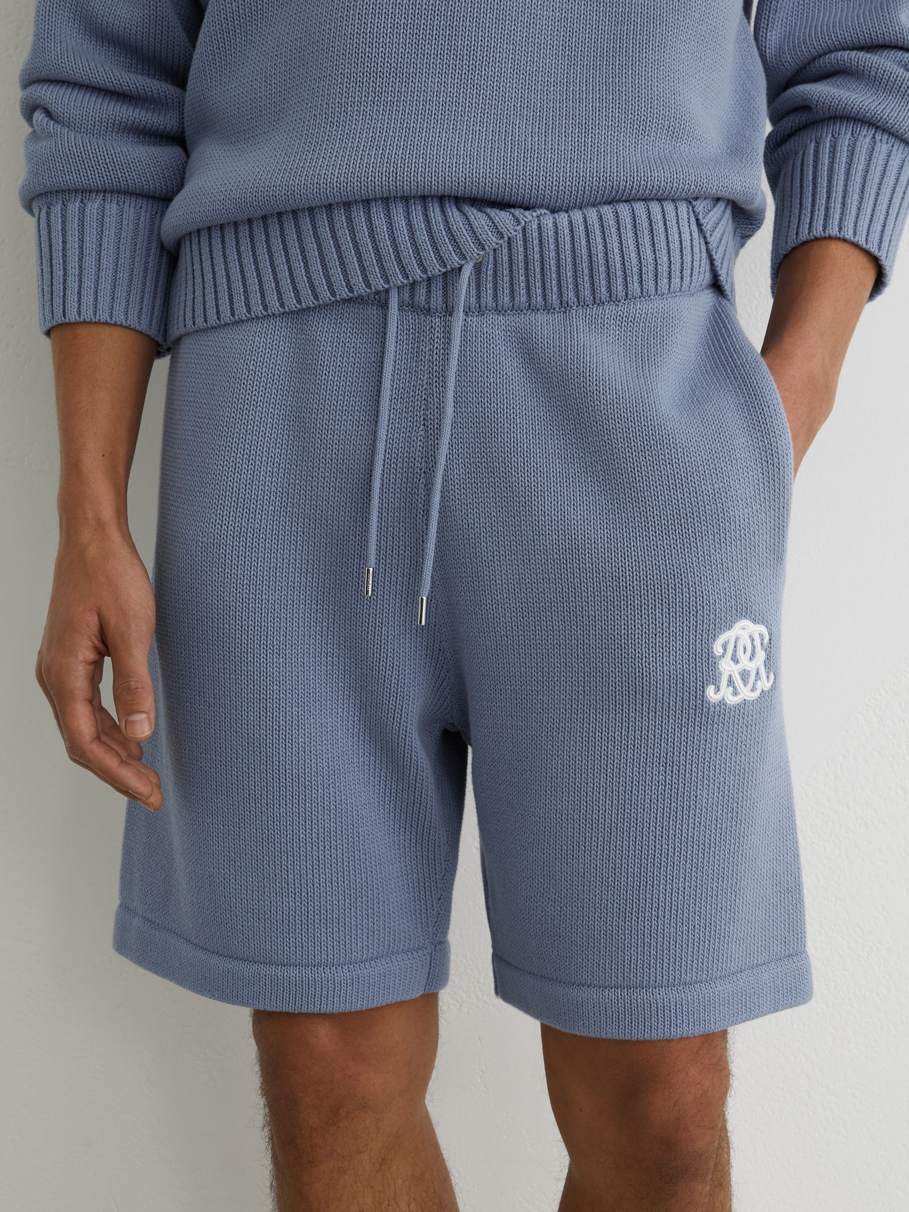 Monogram-Embroidered Relaxed Knit Shorts in Powder Blue - Image 4 of 7