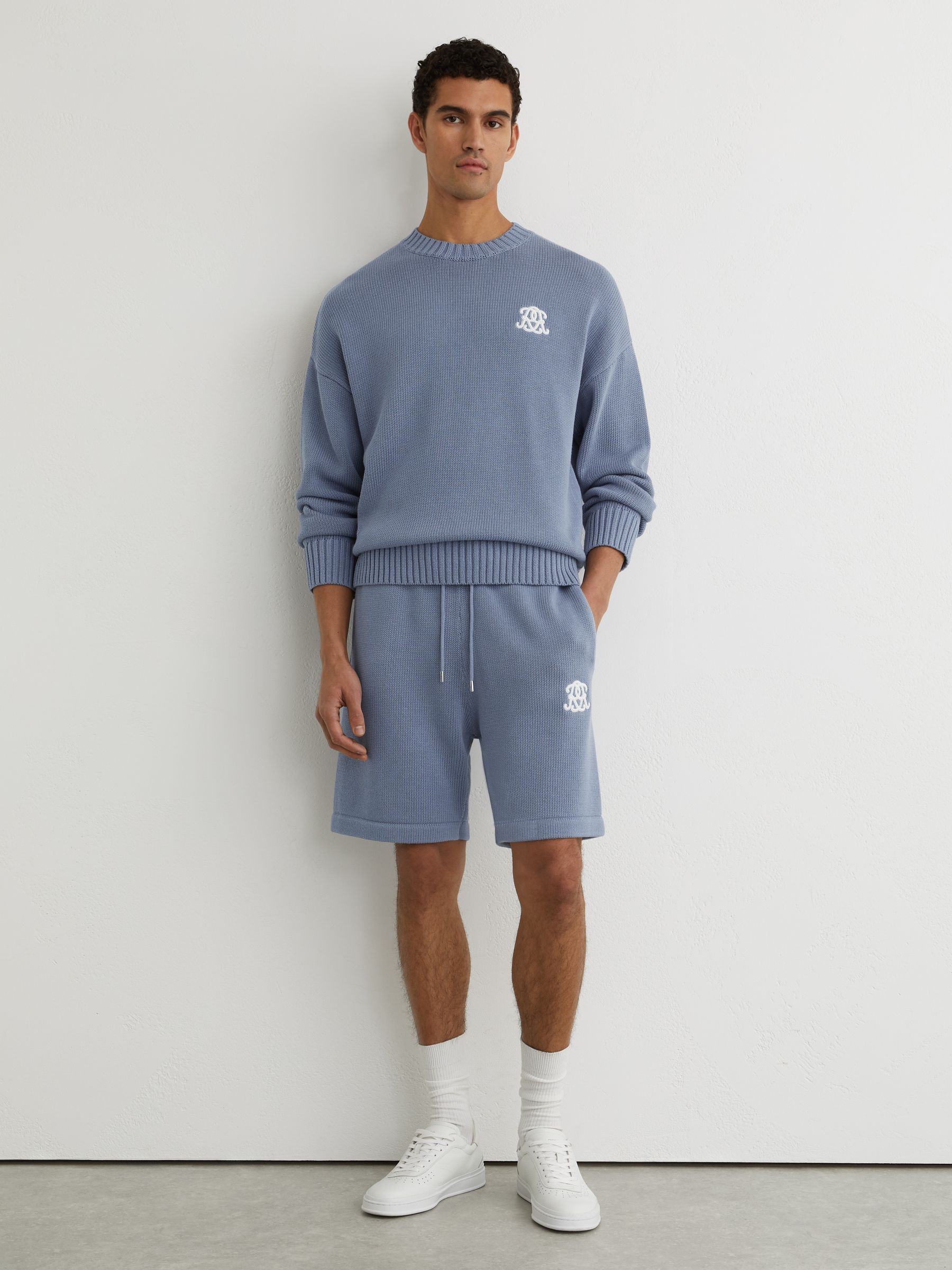 Monogram-Embroidered Relaxed Knit Shorts in Powder Blue - image 5