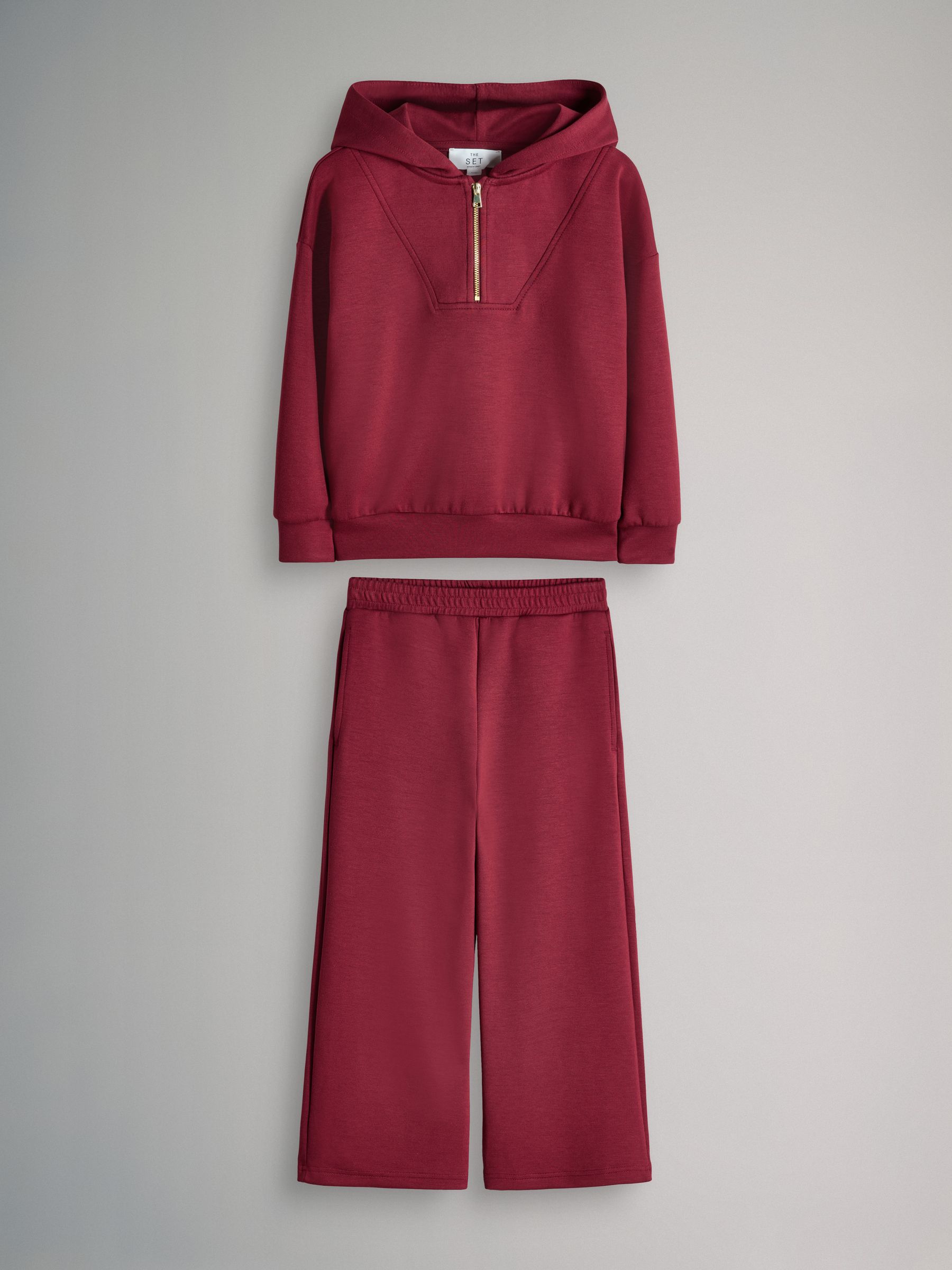 Burgundy Red Quarter Zip Modal Jersey Top and Wide Leg Joggers Set - Image 1 of 5