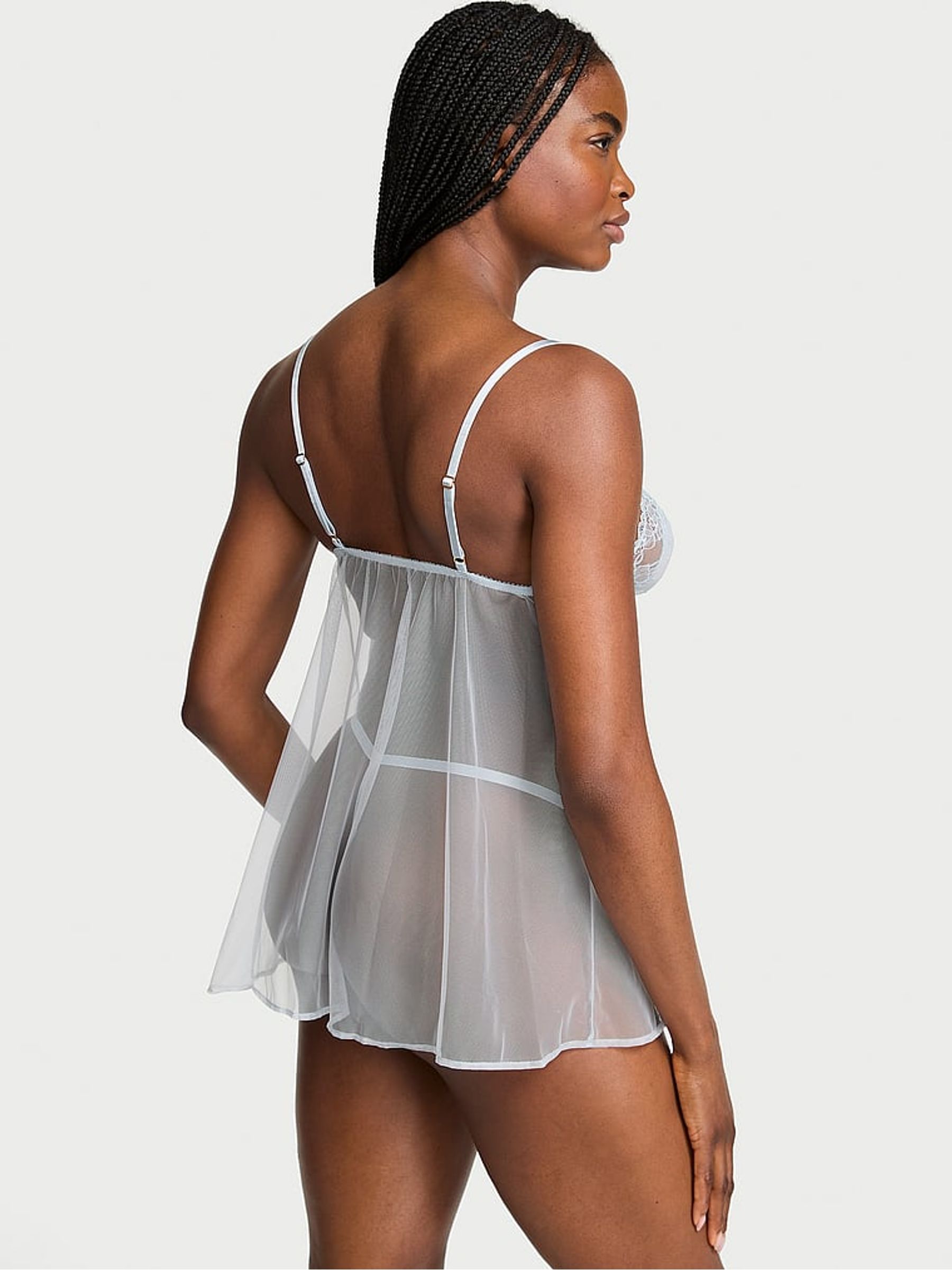 Linen Blue Sheer Lace Triangle Babydoll Set - Image 2 of 2