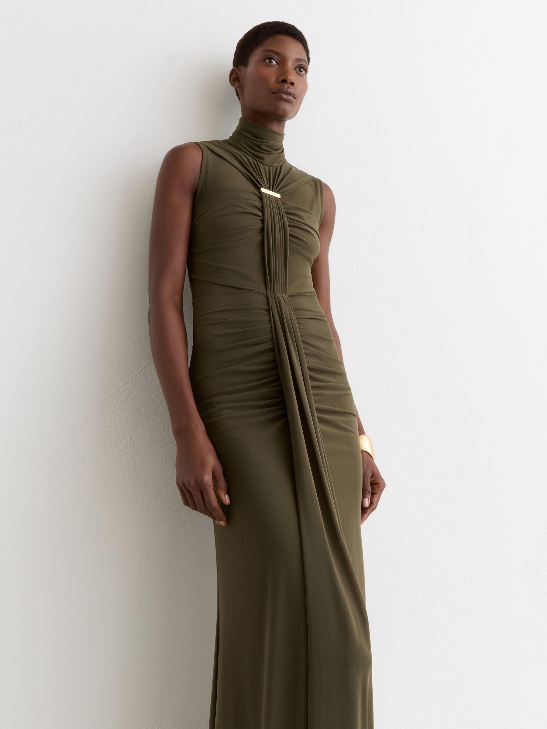 Ruched Sleeveless Maxi Dress in Khaki Green - Image 1 of 6