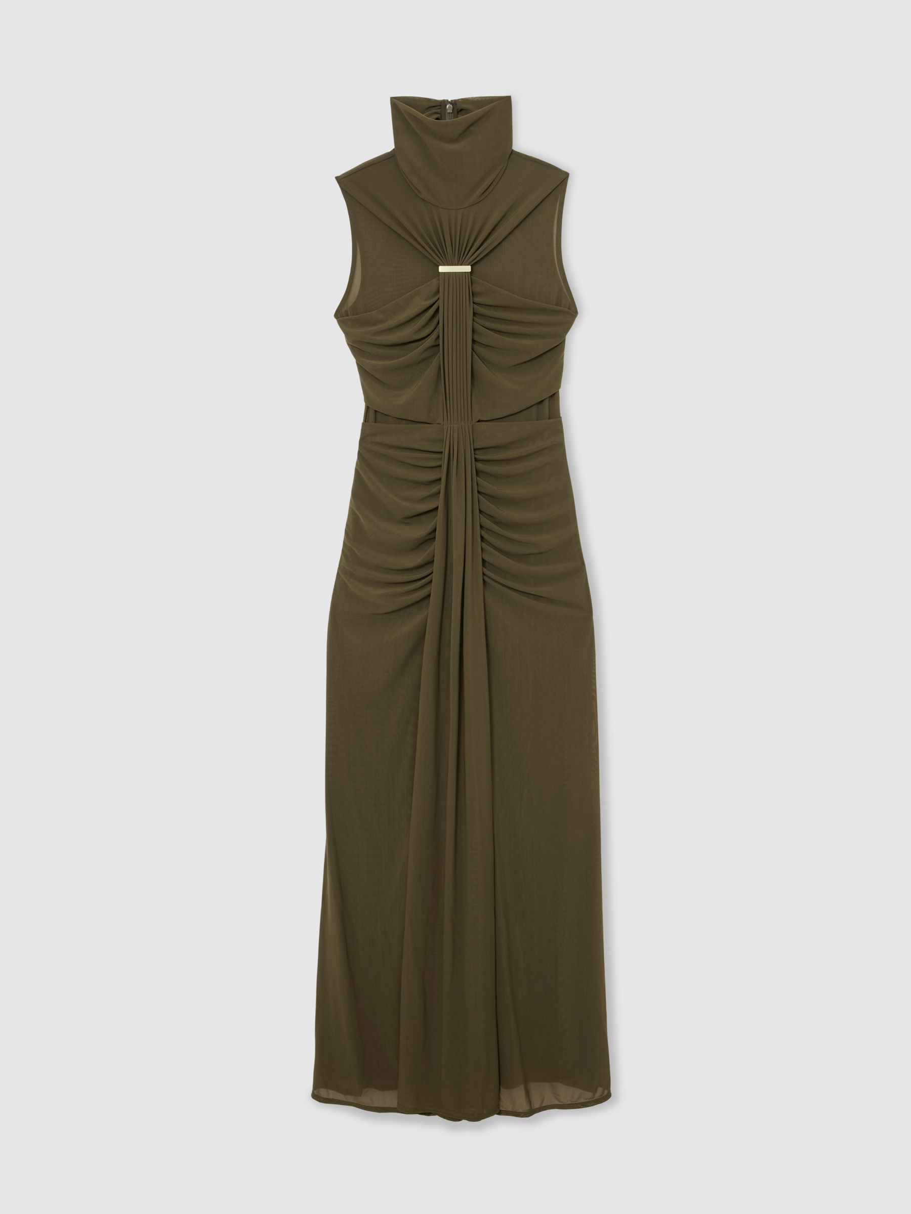 Ruched Sleeveless Maxi Dress in Khaki Green - Image 2 of 6
