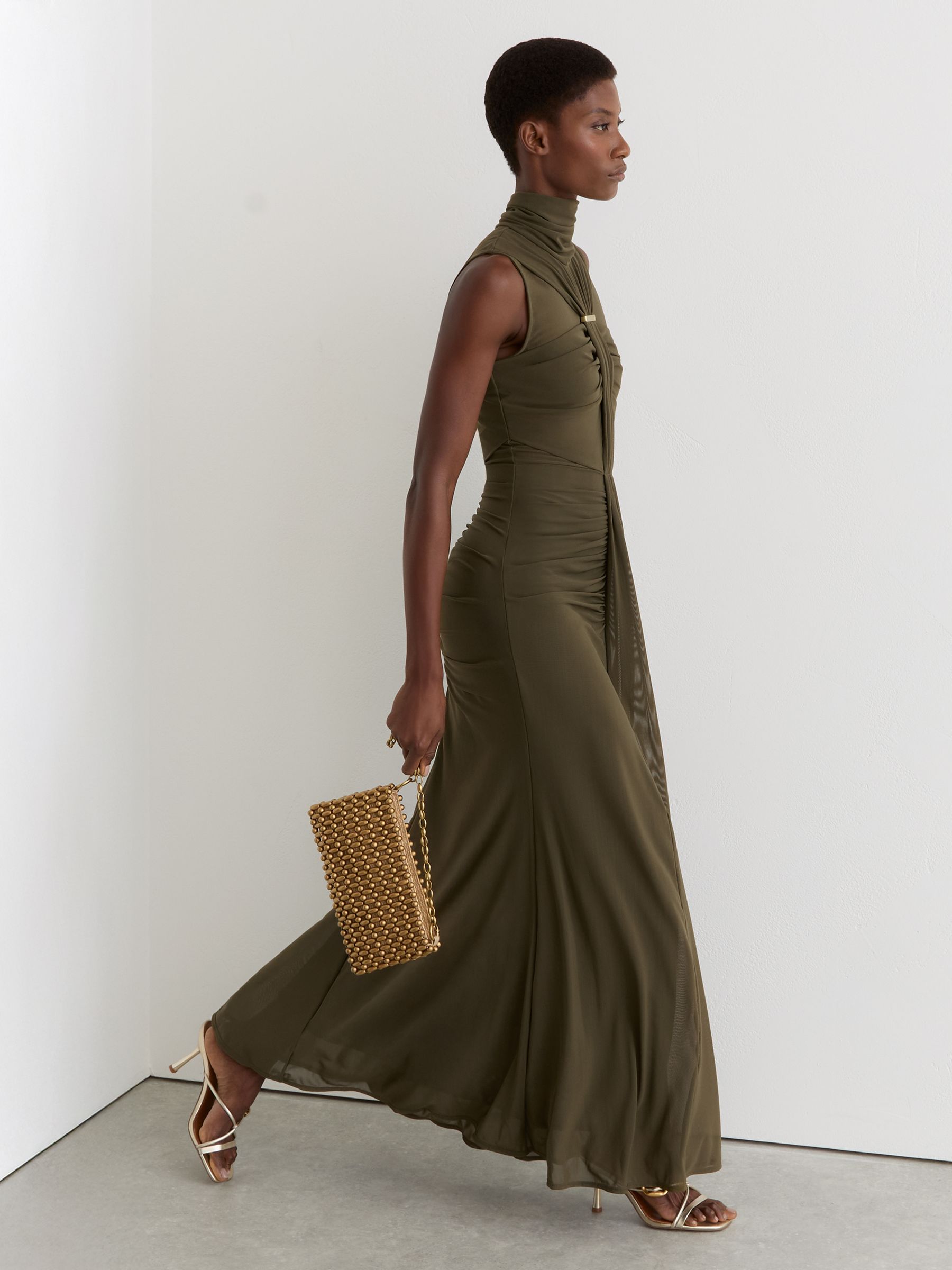 Ruched Sleeveless Maxi Dress in Khaki Green - Image 3 of 6