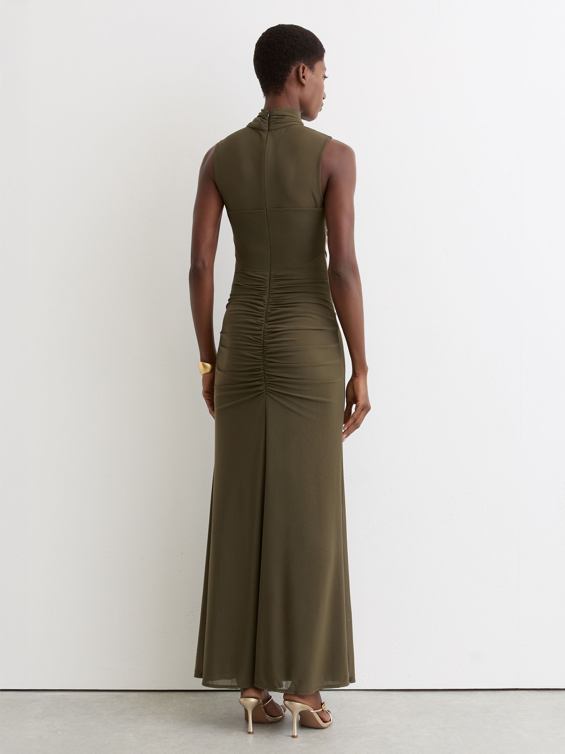 Ruched Sleeveless Maxi Dress in Khaki Green - Image 5 of 6