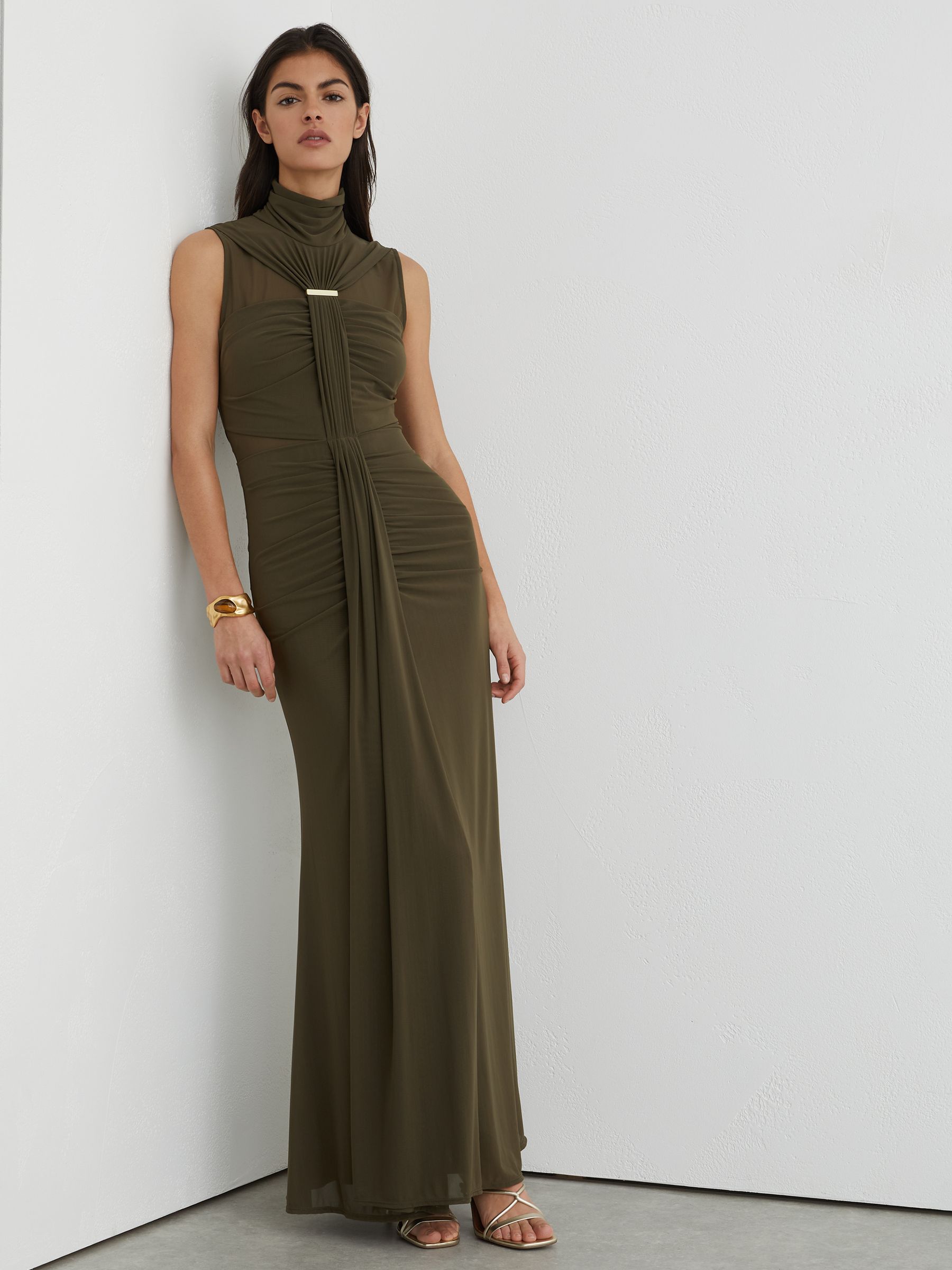 Petite Ruched Sleeveless Maxi Dress in Khaki Green - Image 1 of 8