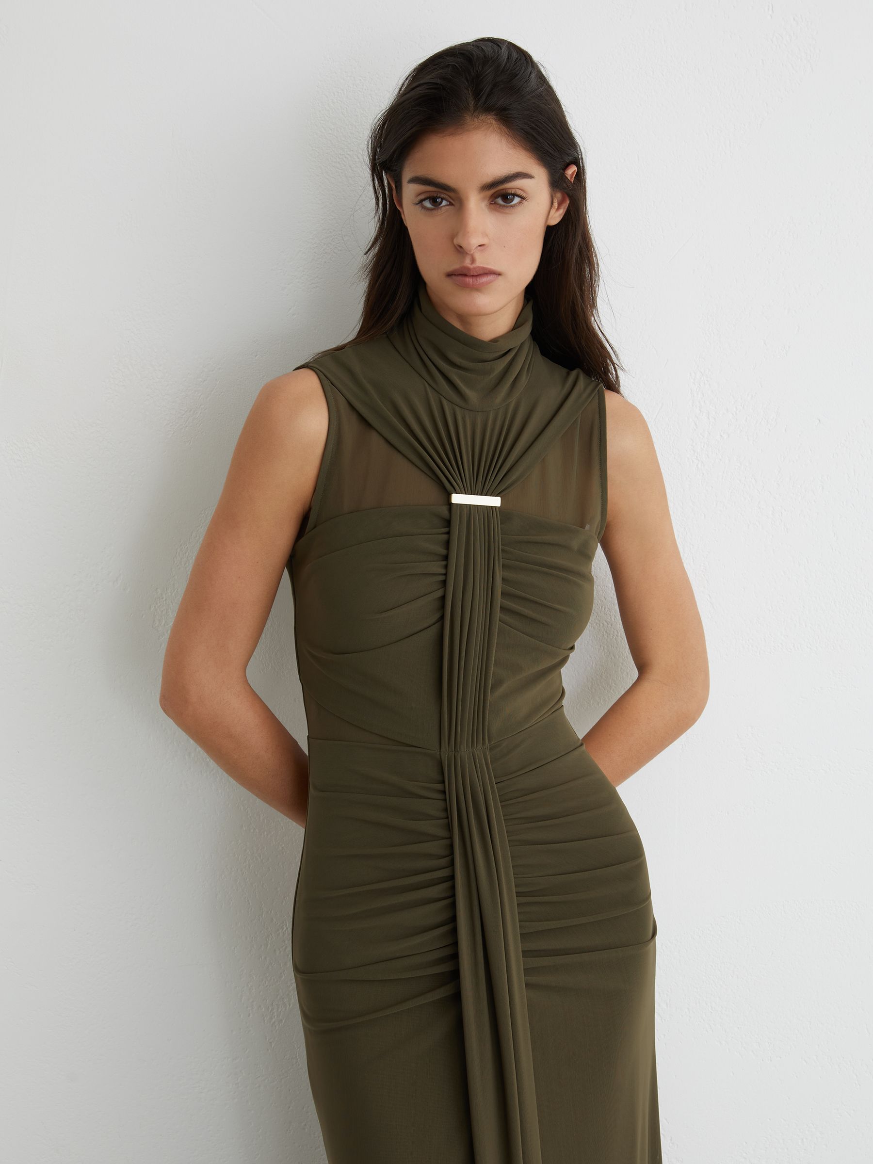 Petite Ruched Sleeveless Maxi Dress in Khaki Green - Image 4 of 8