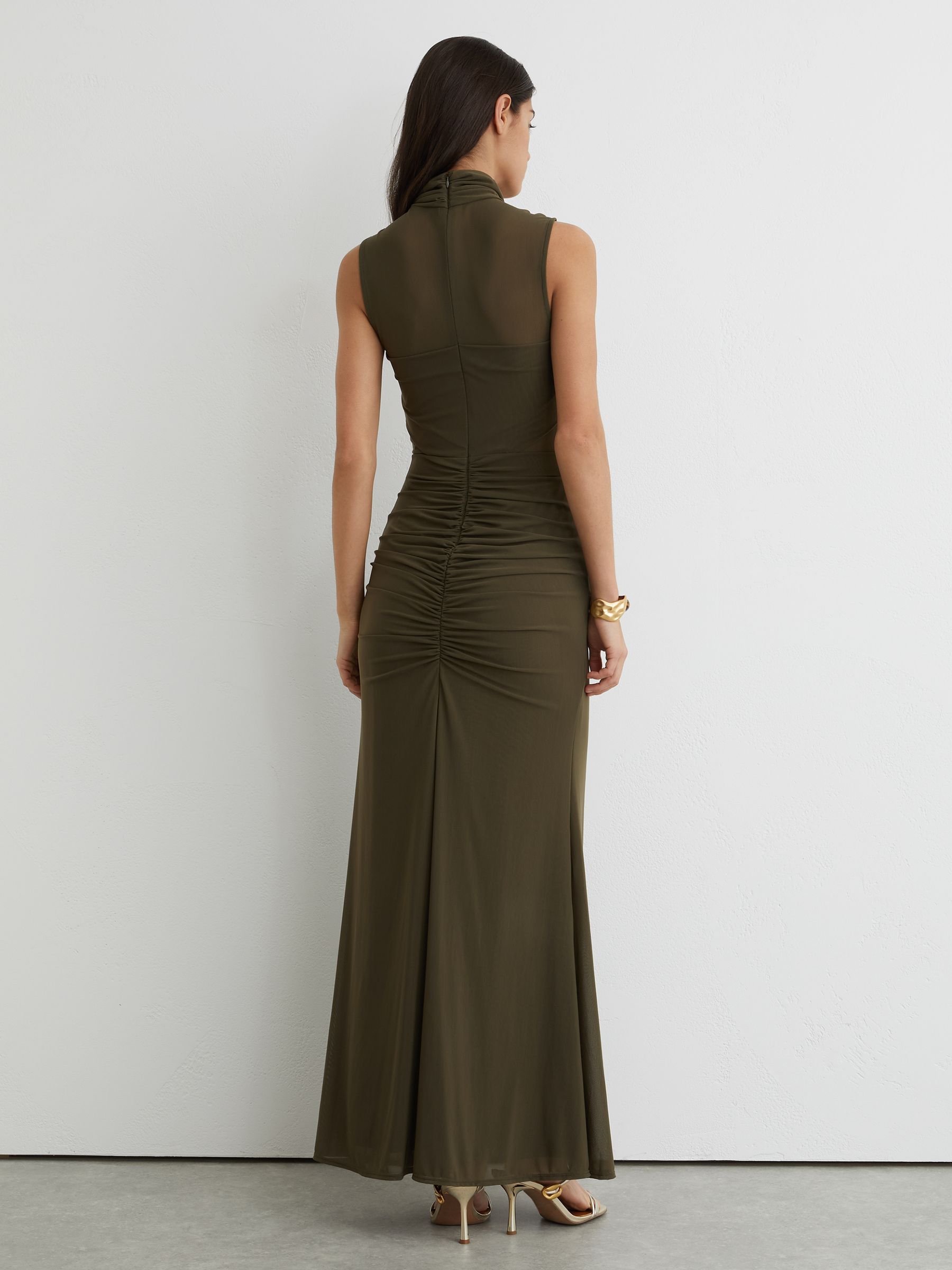 Petite Ruched Sleeveless Maxi Dress in Khaki Green - Image 5 of 8