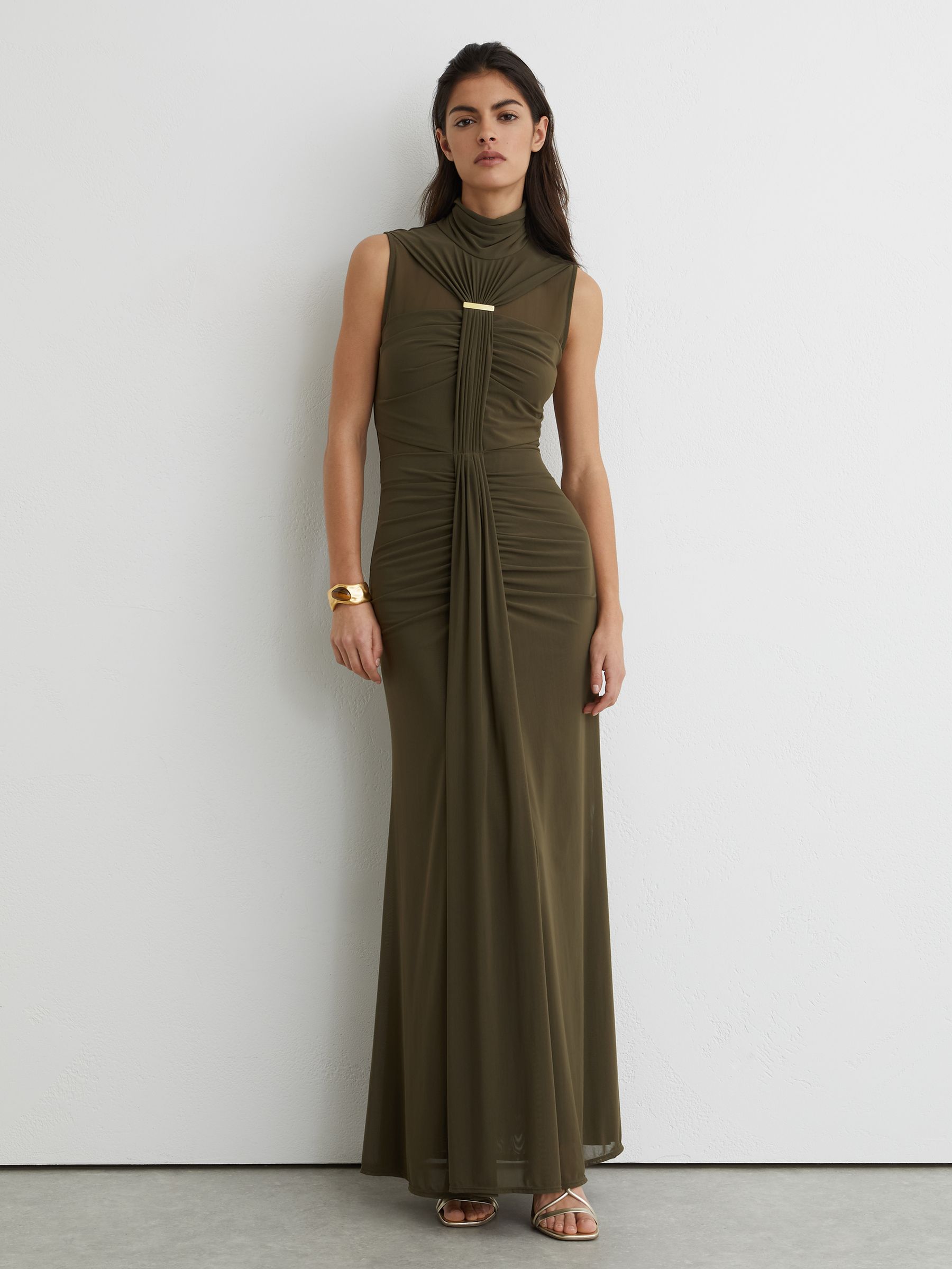 Petite Ruched Sleeveless Maxi Dress in Khaki Green - Image 6 of 8