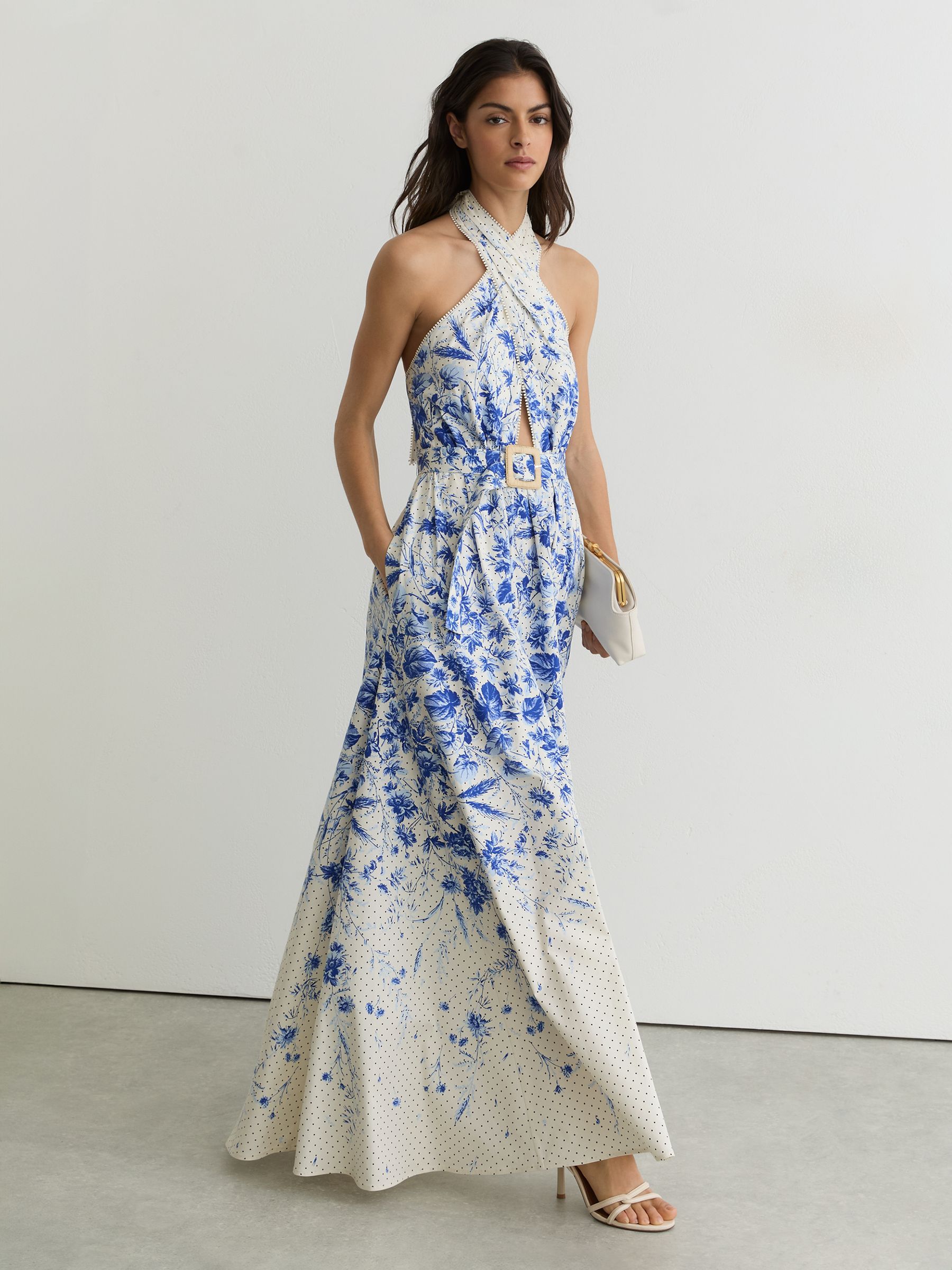 Cotton Floral-Print Belted Maxi Dress with Stretch in Ivory/Blue - Image 1 of 8 Cotton Floral-Print Belted Maxi Dress with Stretch in Ivory/Blue - Image 1 of 8