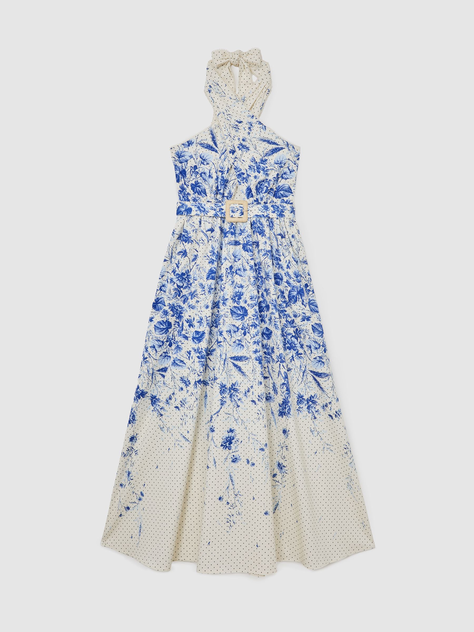 Cotton Floral-Print Belted Maxi Dress with Stretch in Ivory/Blue - image 1