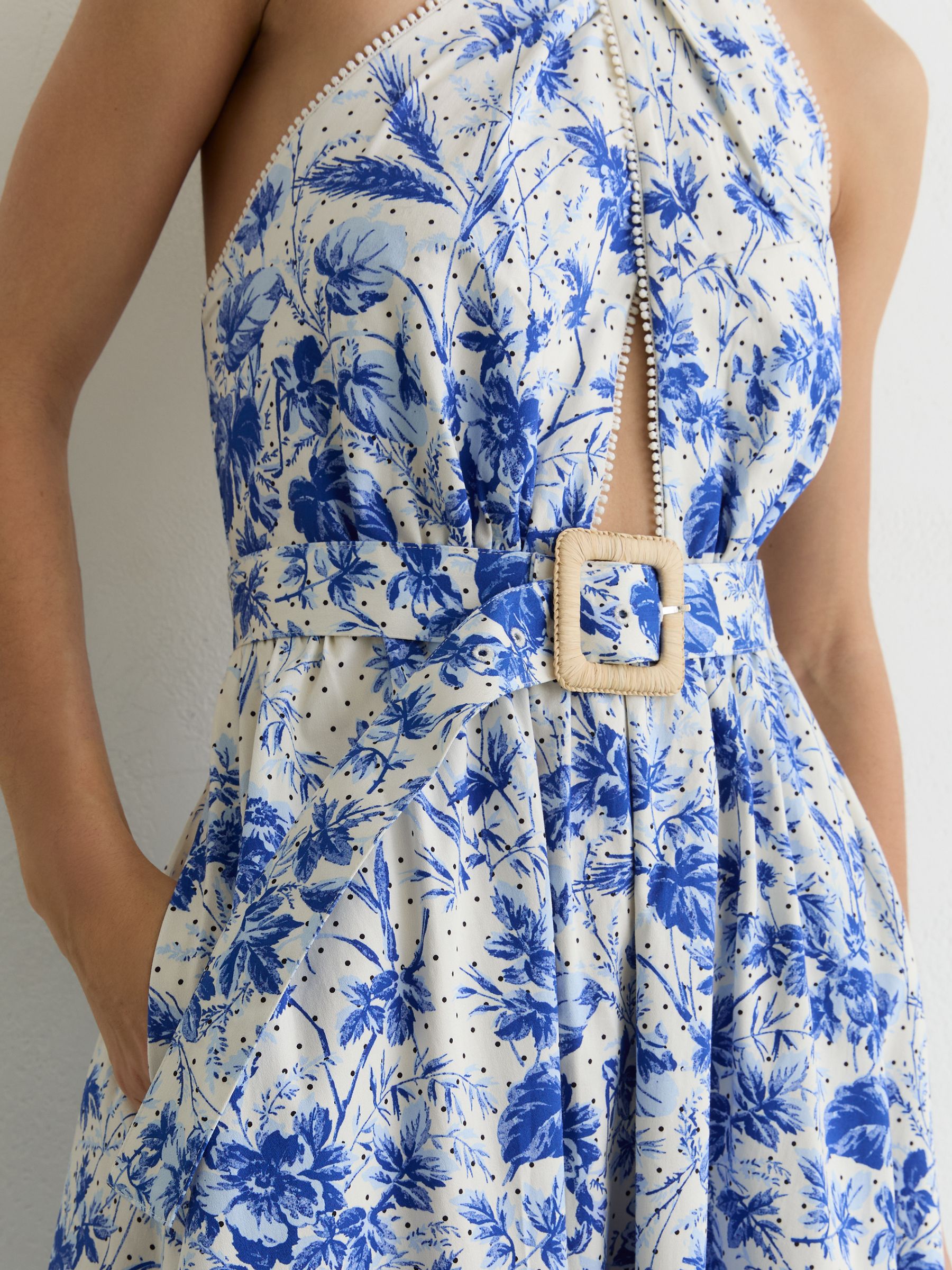 Cotton Floral-Print Belted Maxi Dress with Stretch in Ivory/Blue - Image 5 of 8
