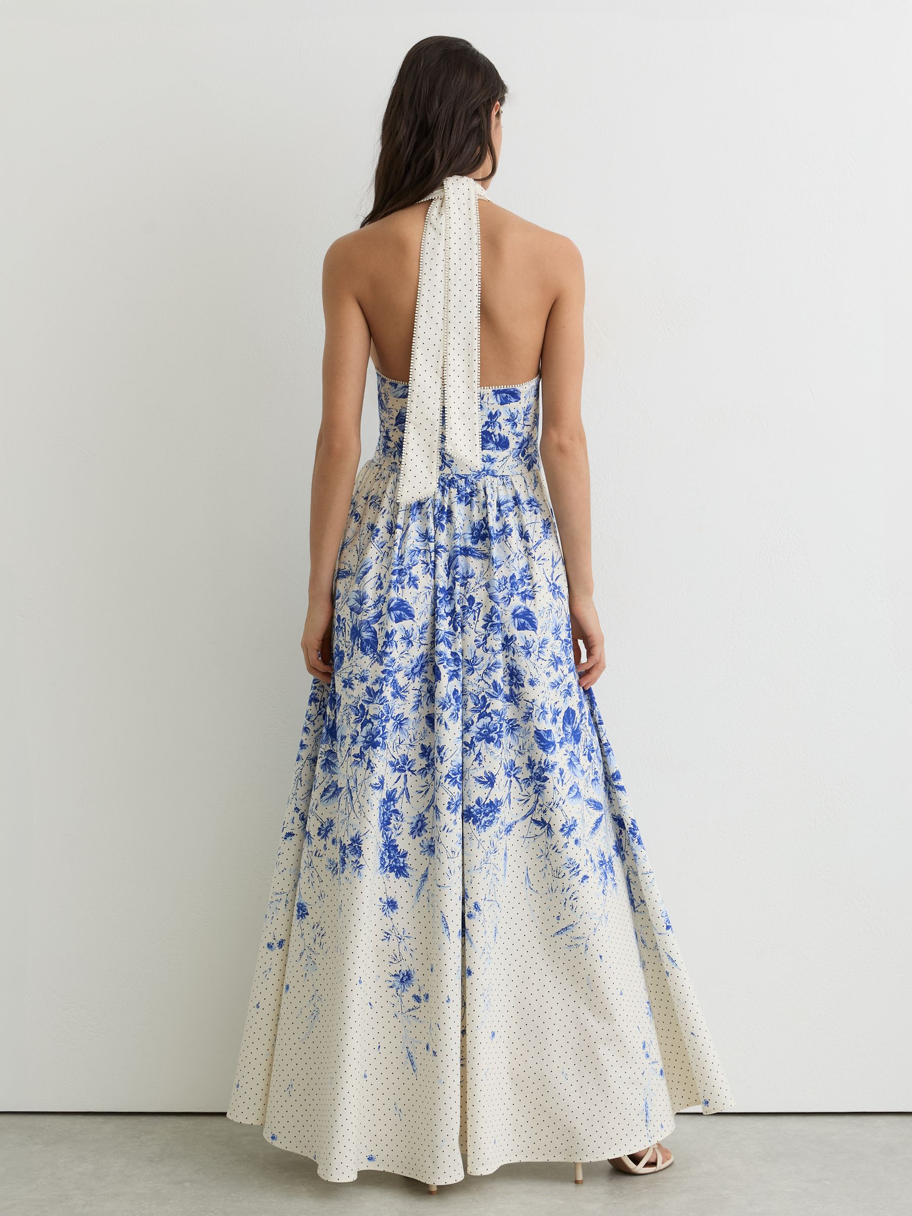 Cotton Floral-Print Belted Maxi Dress with Stretch in Ivory/Blue - Image 7 of 8