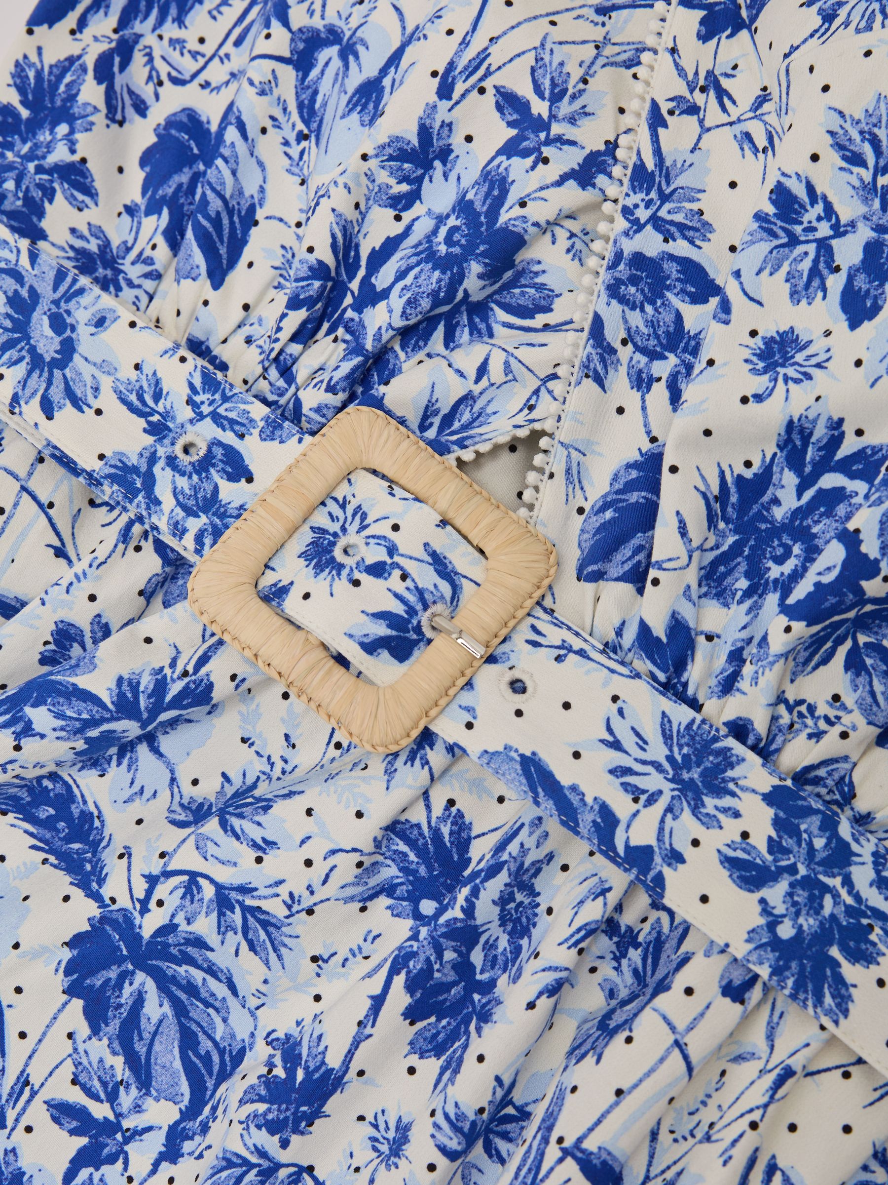 Cotton Floral-Print Belted Maxi Dress with Stretch in Ivory/Blue - Image 8 of 8