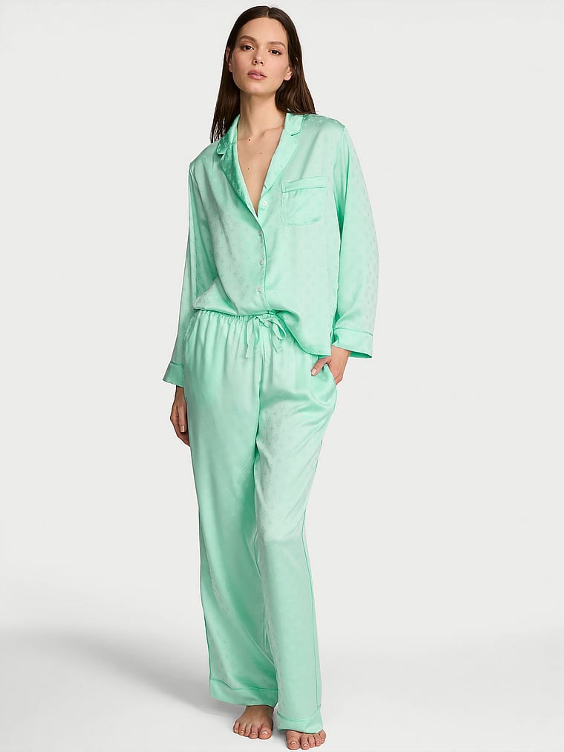 Waterfall Green Satin Long Pyjamas Set - Image 1 of 2