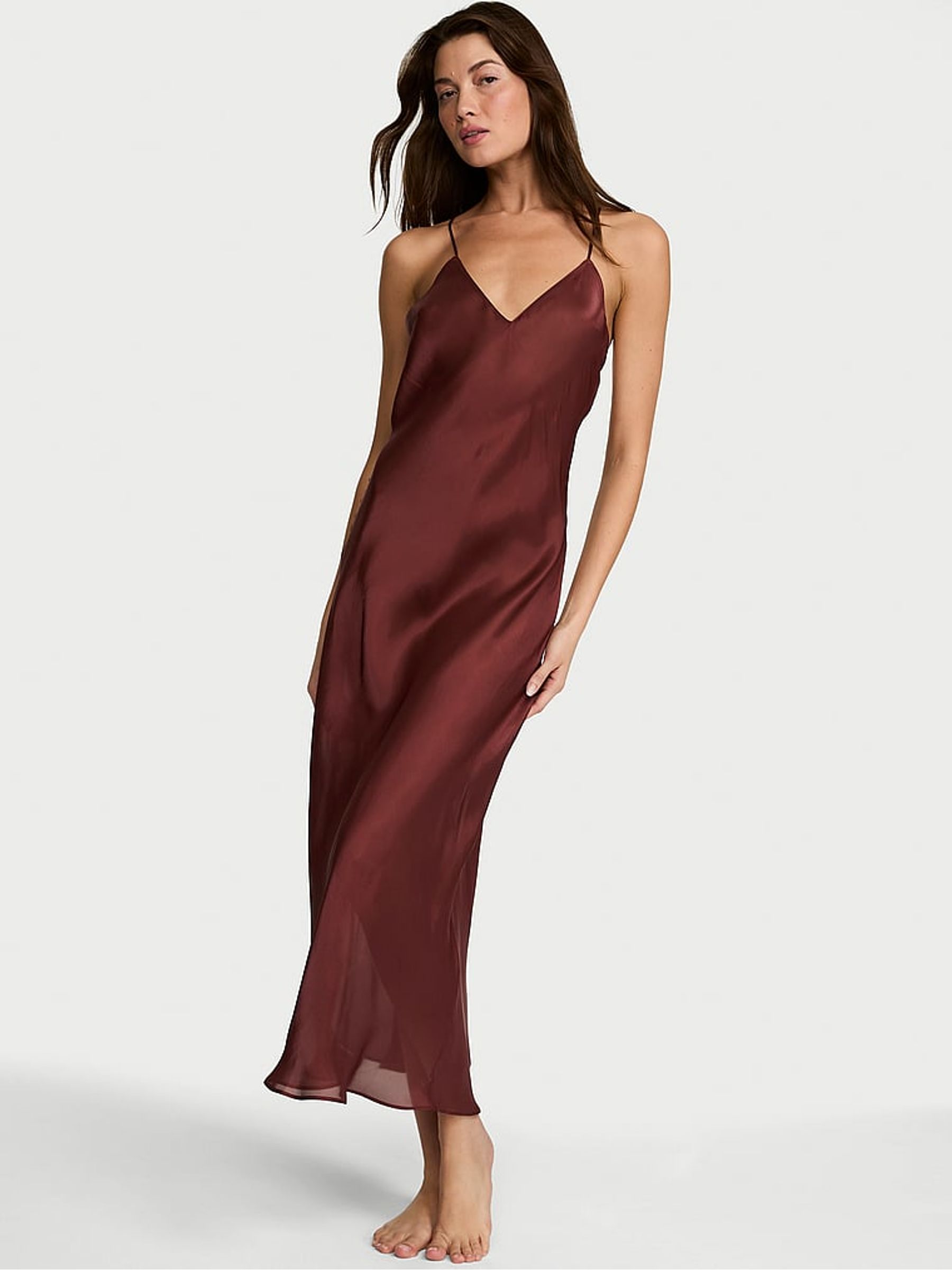 Cherry Wood Red Sheer Satin Long Slip Dress - Image 1 of 2