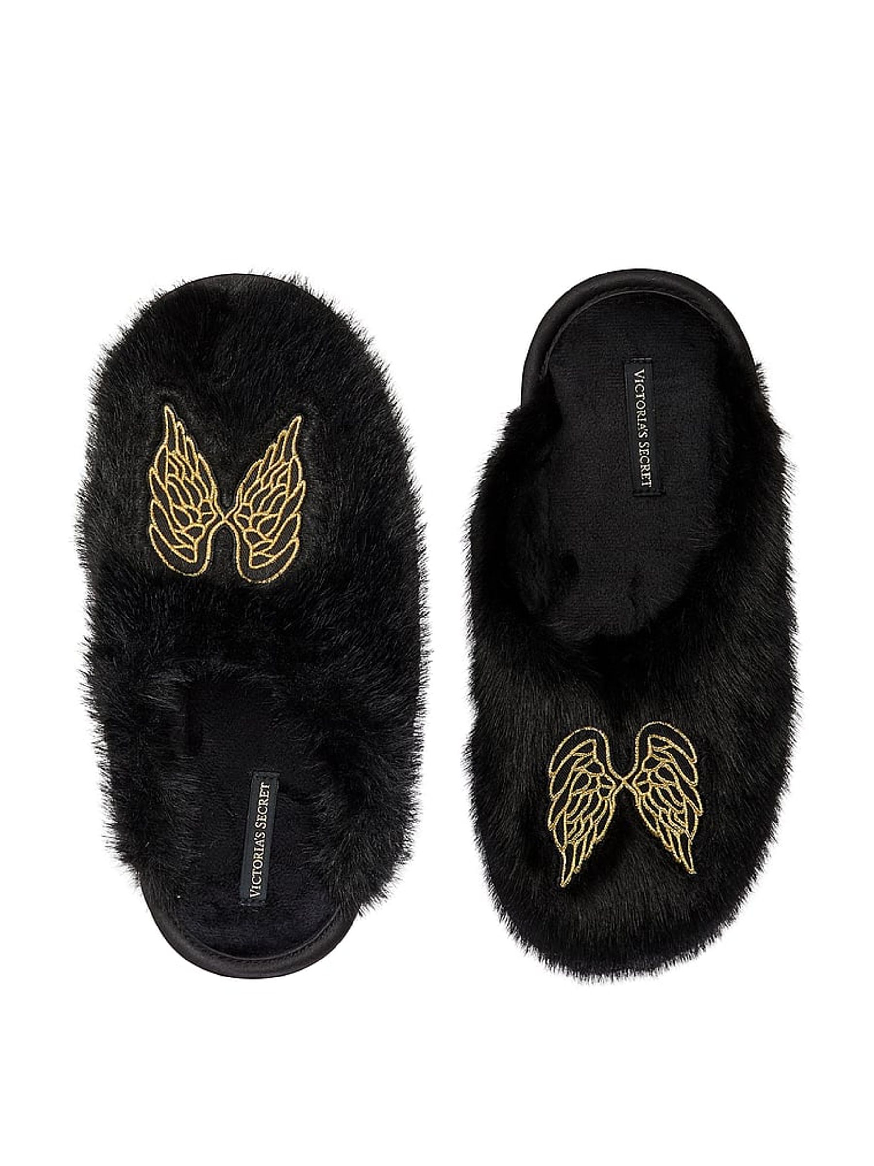 Black Angel Wings Closed Toe Faux Fur Slippers - Image 1 of 2