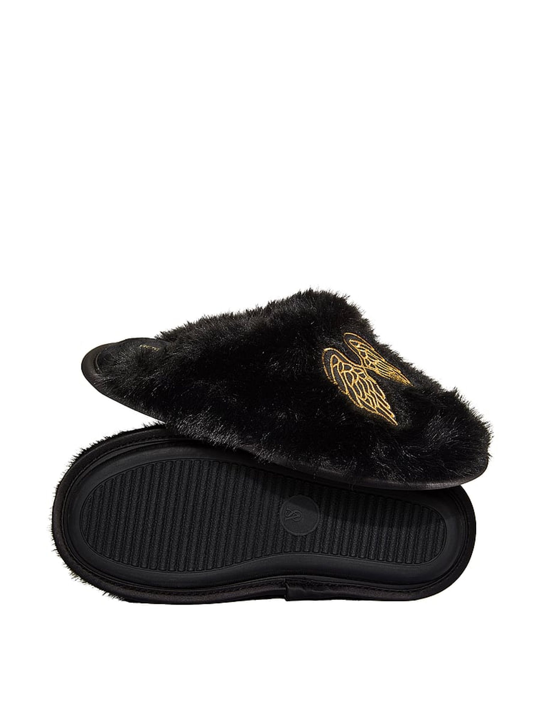 Black Angel Wings Closed Toe Faux Fur Slippers - Image 2 of 2