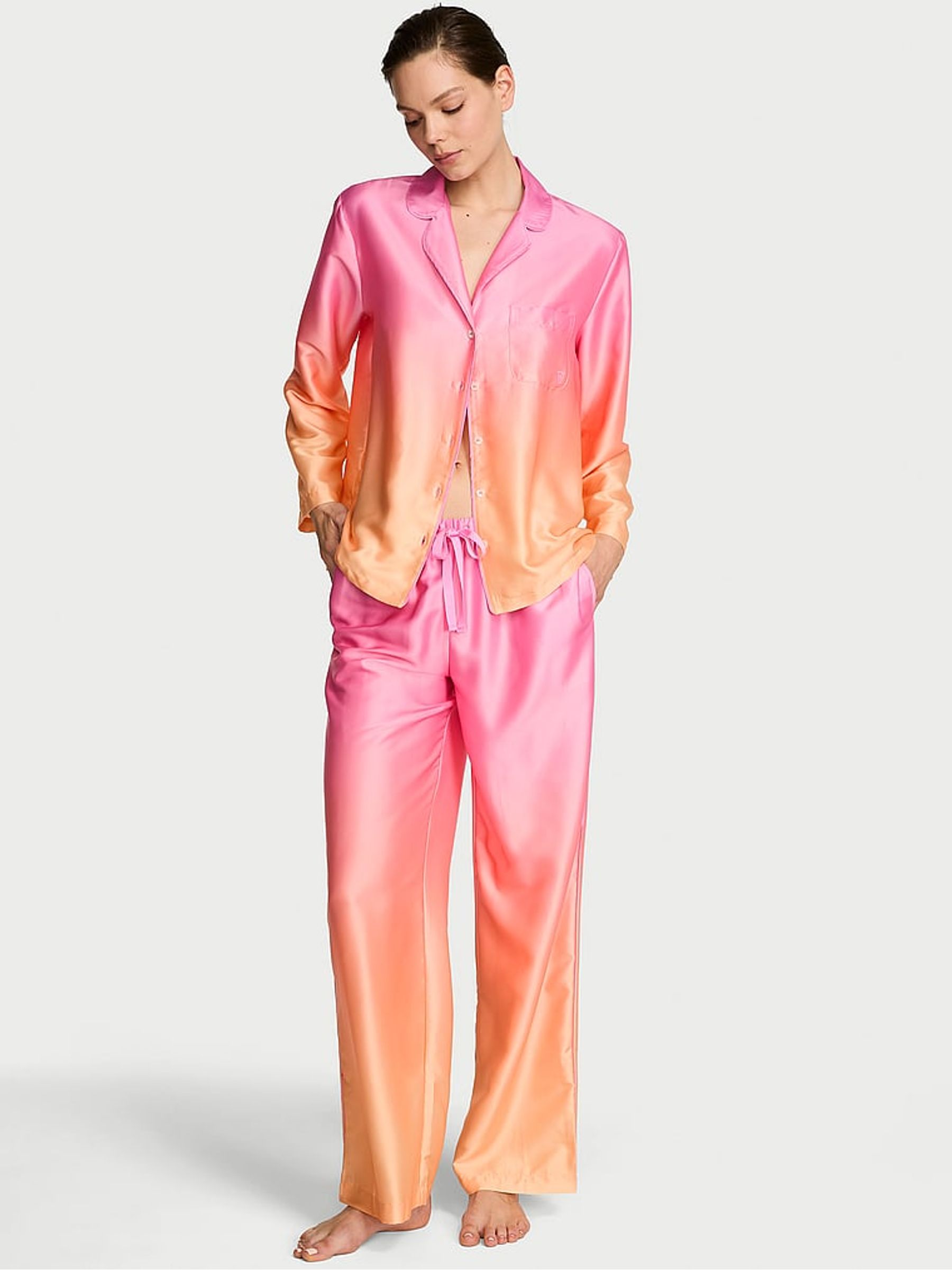 Pink/Orange Ombré Satin Long Pyjamas Set - Image 1 of 2