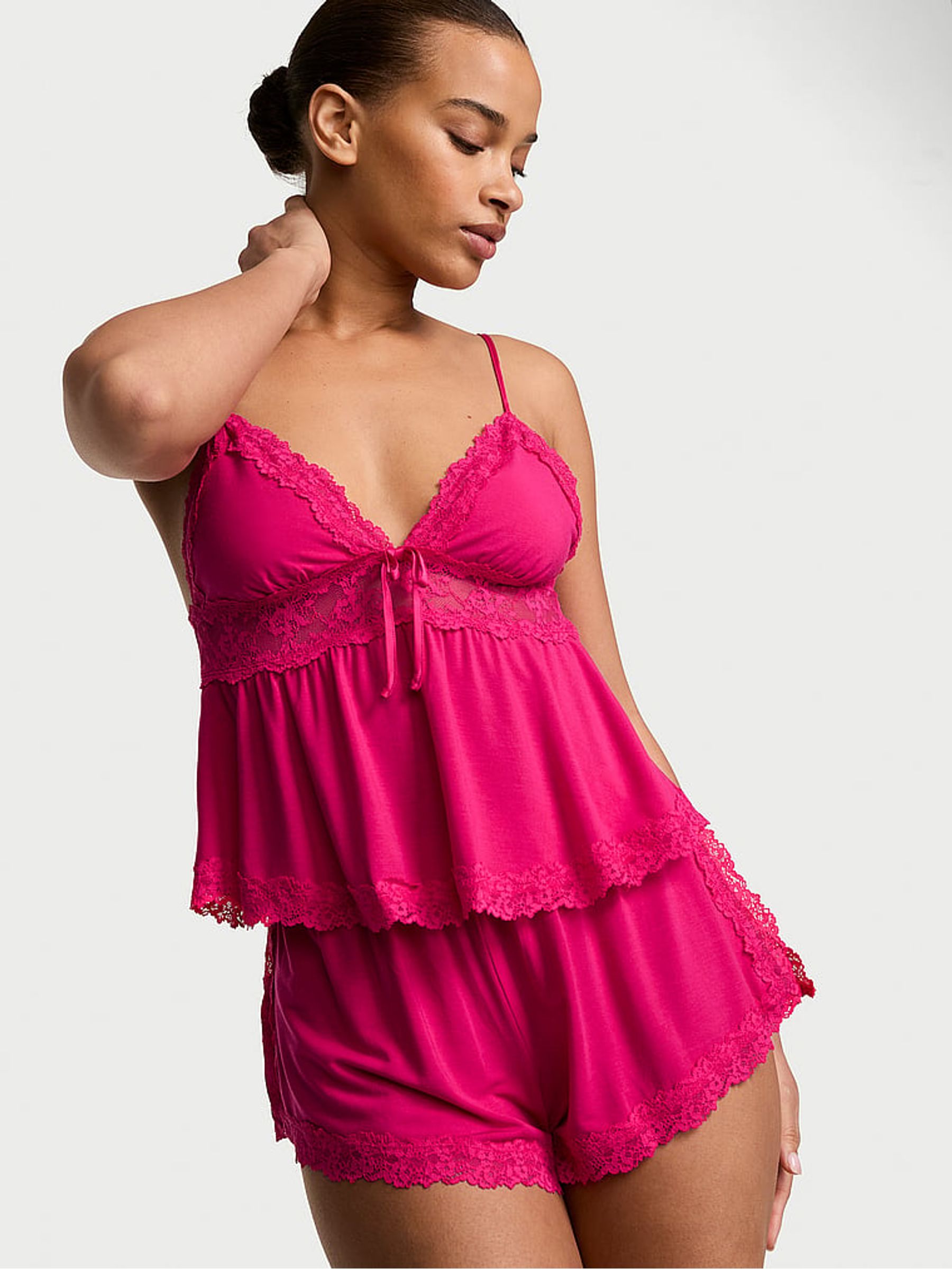 Pop Pink Lace Trim Modal Cami Set - Image 1 of 2