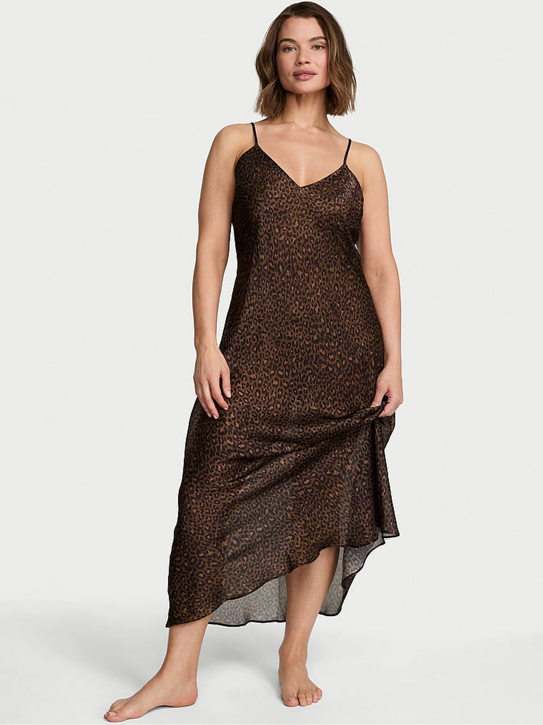 Leopard Brown Sheer Satin Long Slip Dress - Image 1 of 3 Leopard Brown Sheer Satin Long Slip Dress - Image 1 of 3