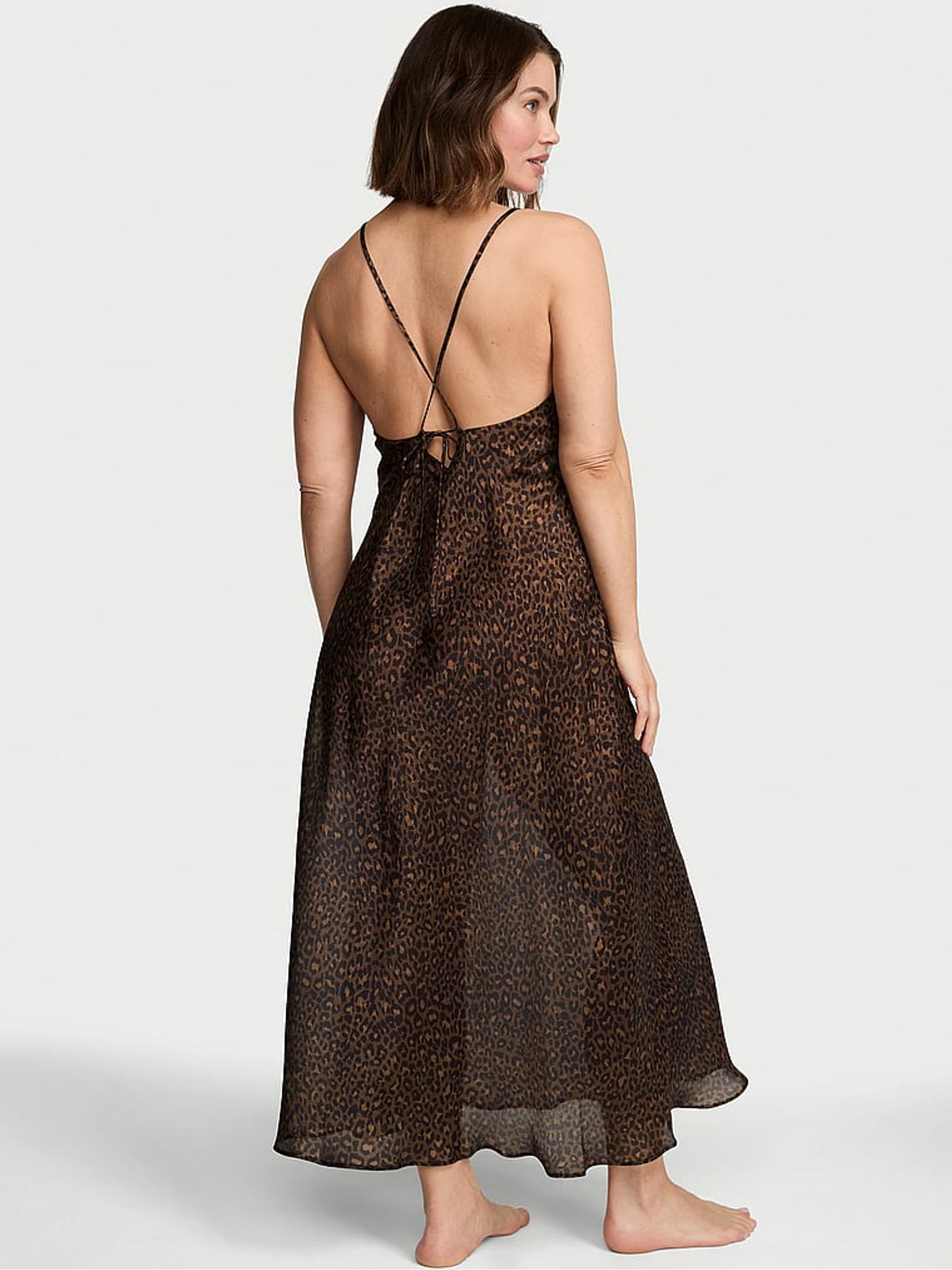 Leopard Brown Sheer Satin Long Slip Dress - Image 2 of 3