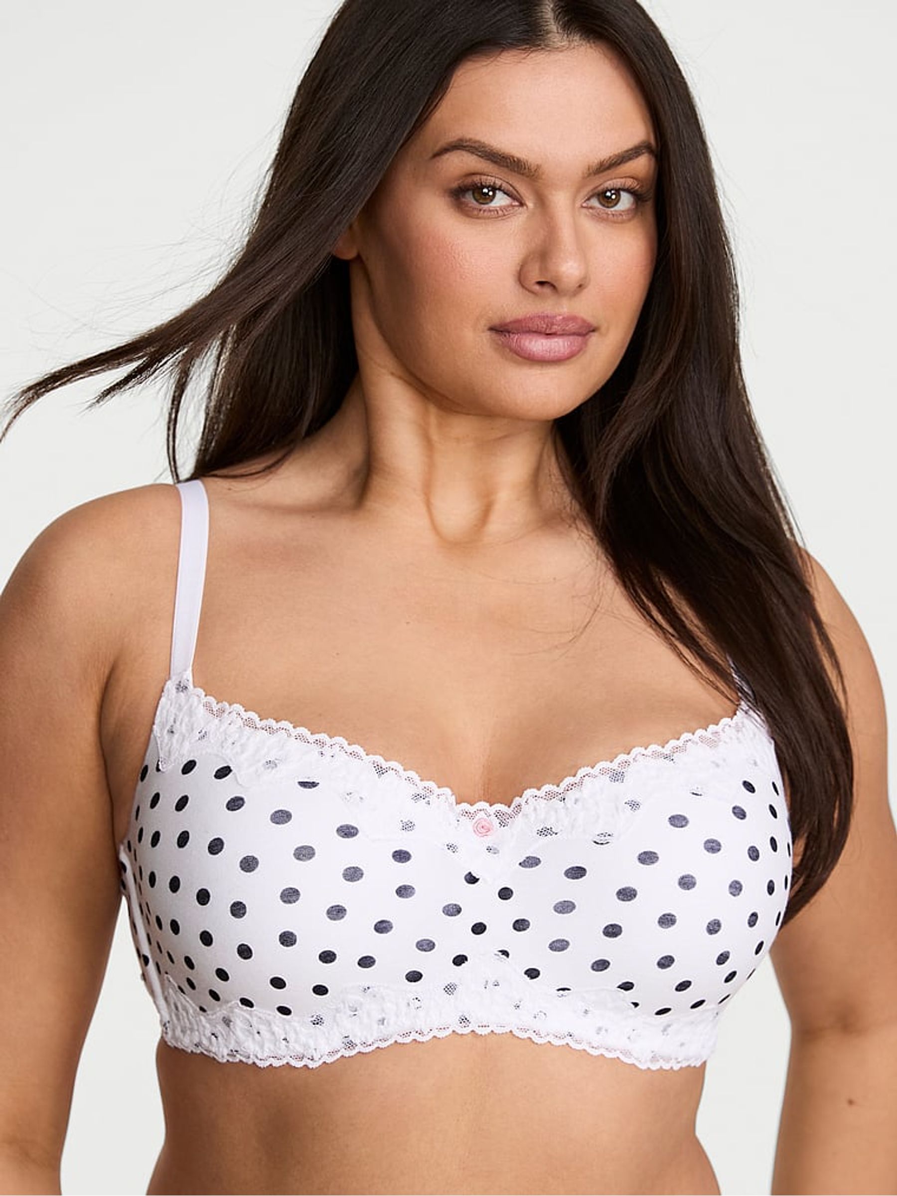 White Polka Dot Lightly Lined Balcony Cotton Lace Trim Bra - Image 1 of 2