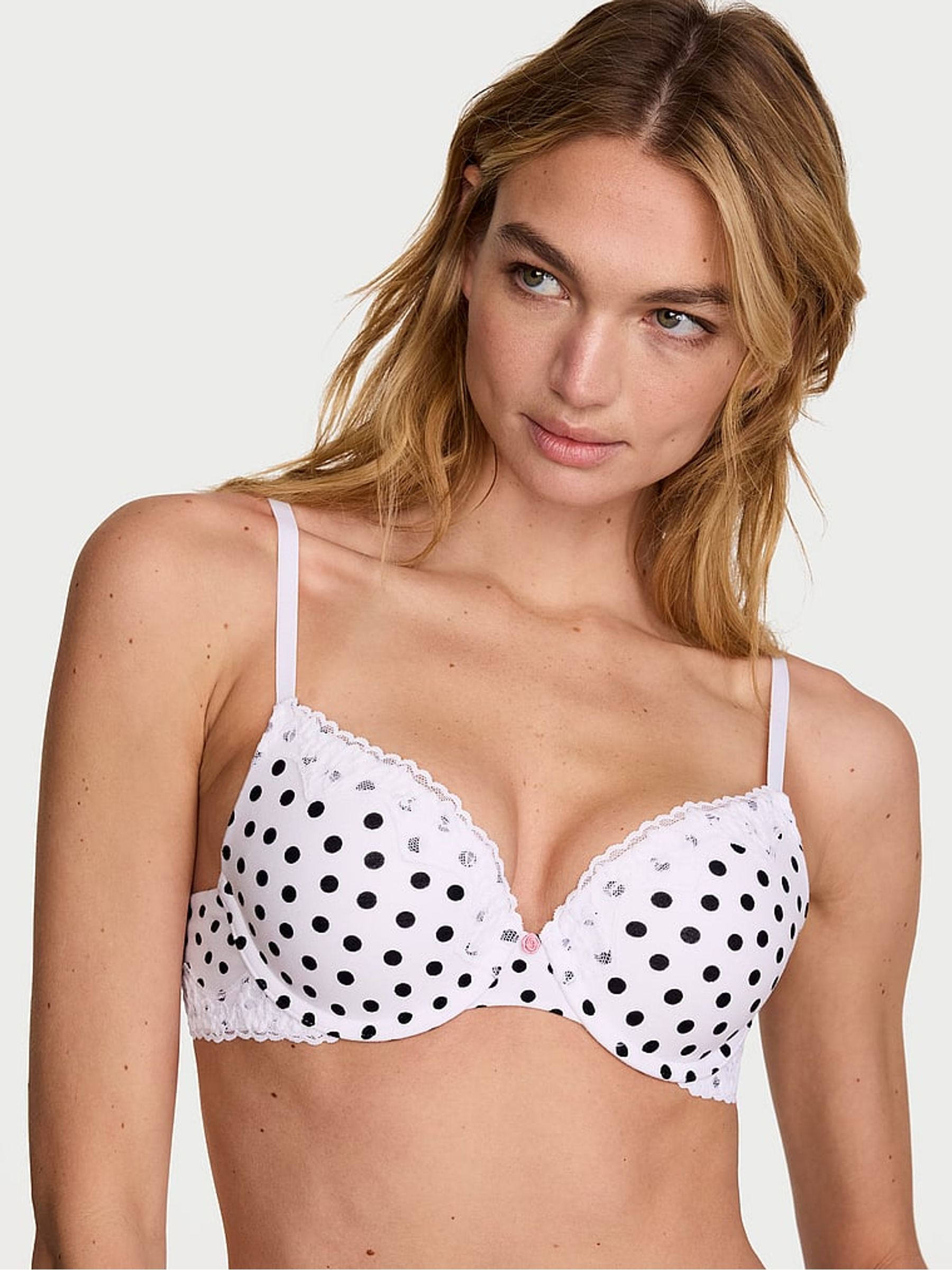 White Polka Dot Full Cup Push Up Cotton Lace Trim Bra - Image 1 of 2