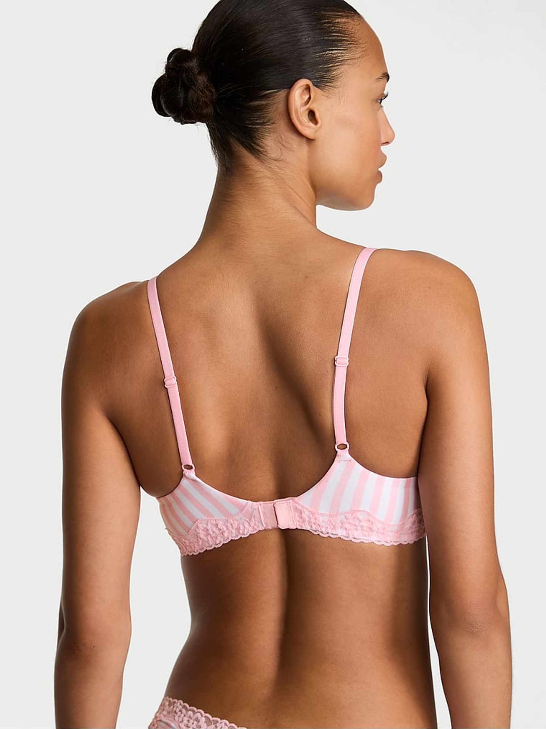 Pretty Blossom Pink Stripes Lightly Lined Balcony Cotton Lace Trim Bra - Image 2 of 2