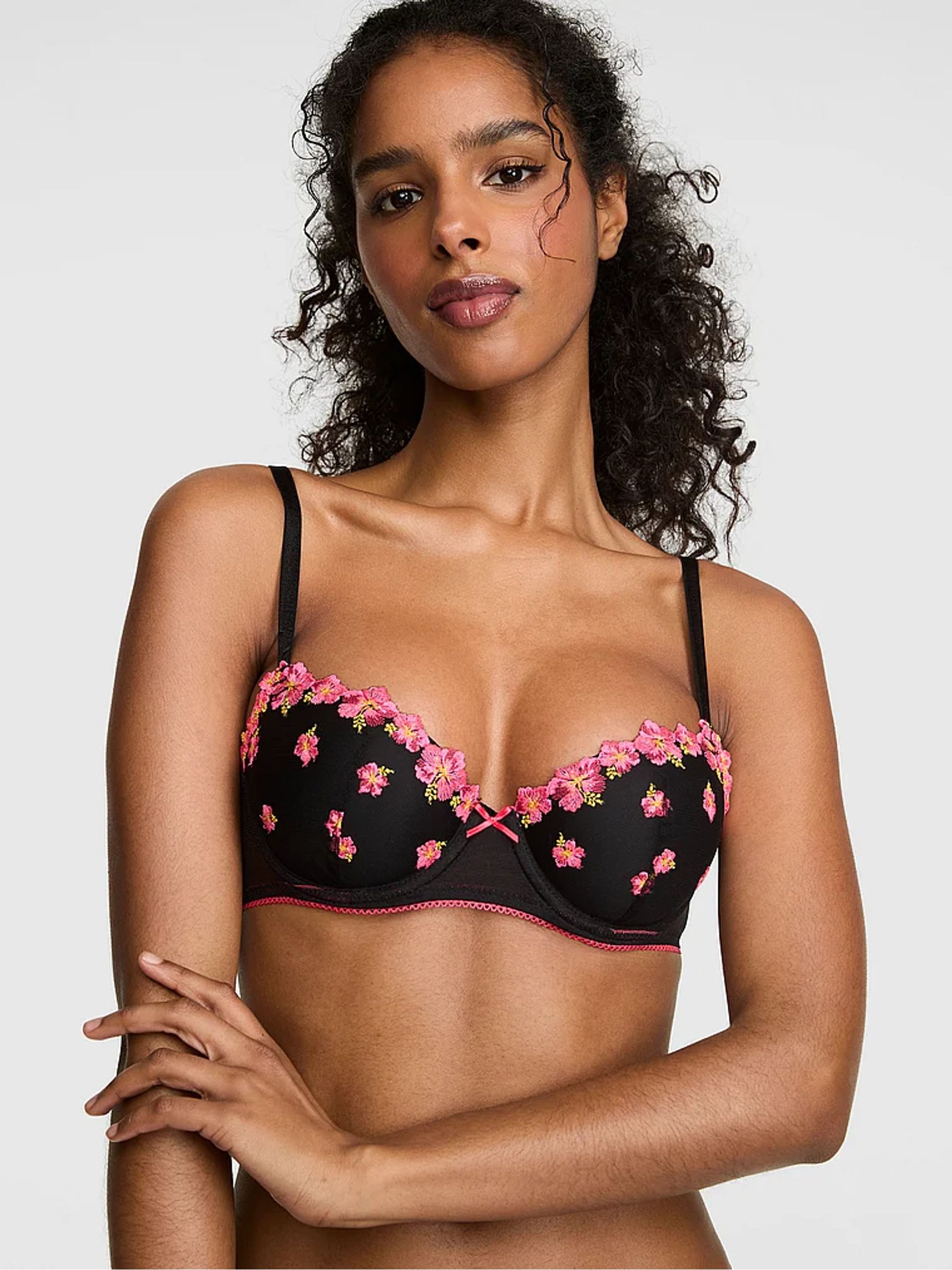 Black Lightly Lined Hibiscus Embroidery Bra - Image 1 of 2 Black Lightly Lined Hibiscus Embroidery Bra - Image 1 of 2