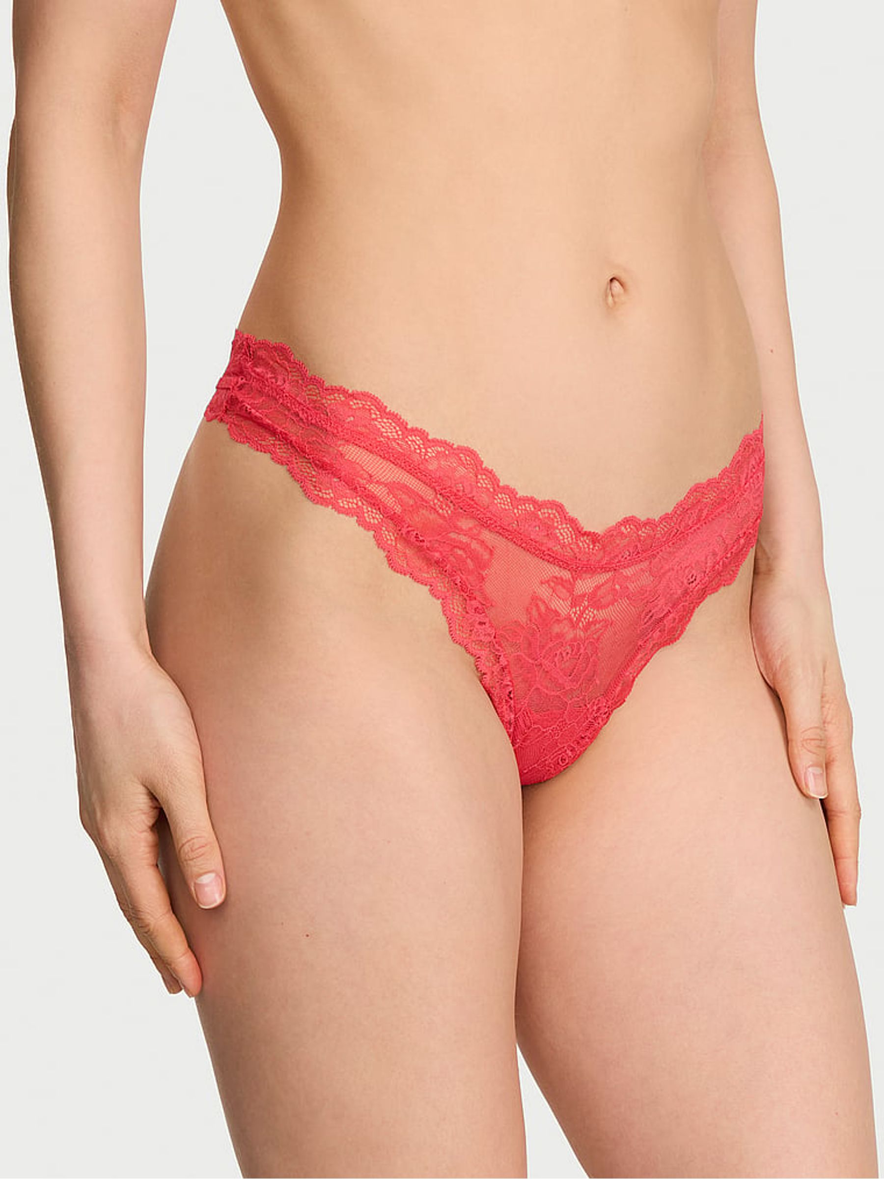 Hot Coral Pink Thong Rose Lace Knickers - Image 1 of 2 Hot Coral Pink Thong Rose Lace Knickers - Image 1 of 2