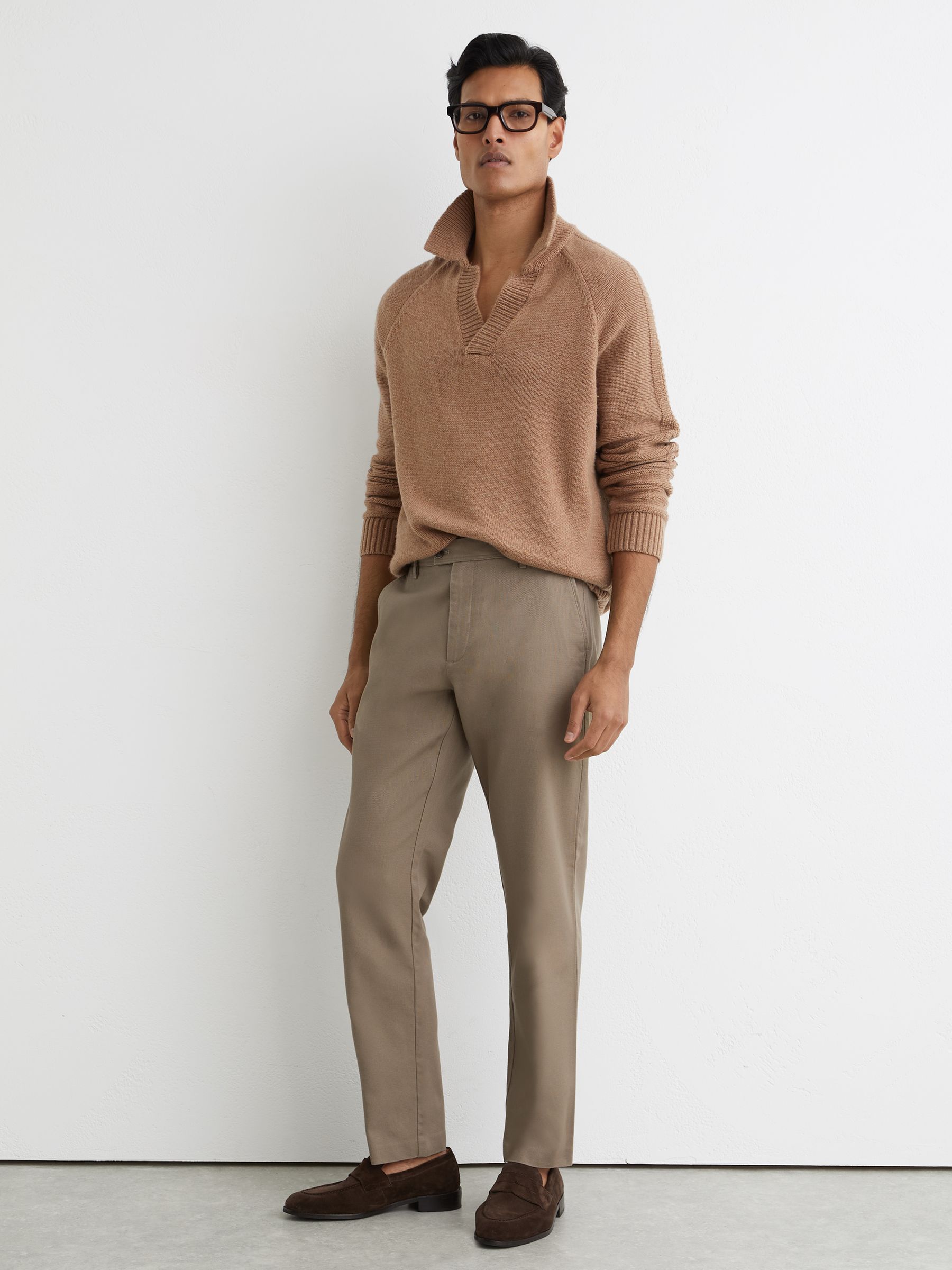 Cotton Pique Chino Trousers in Walnut Brown - Image 1 of 6